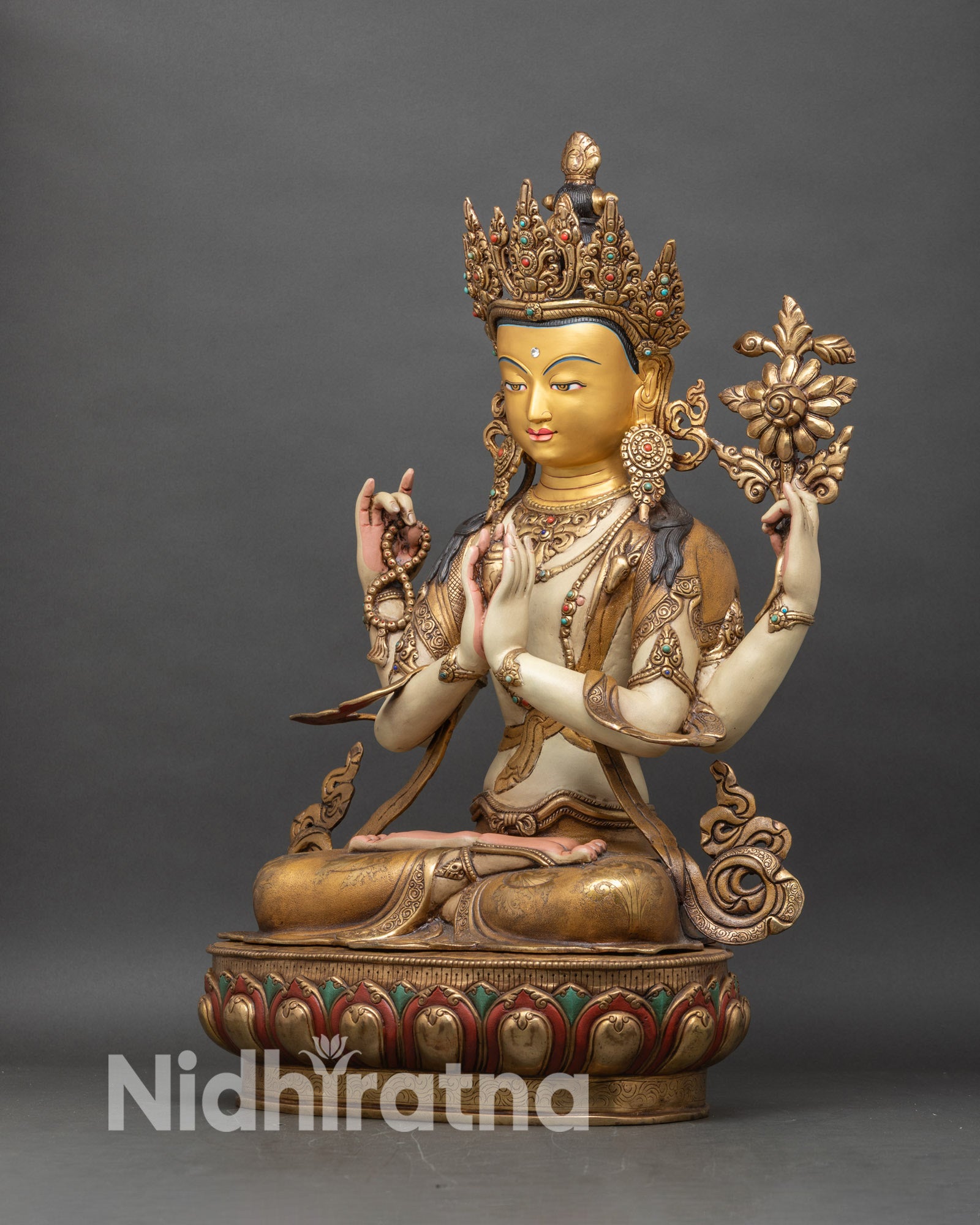 Chenrezig-Statue-left-profile-Nepalese-copper-and-gold-Bodhisattva-meditation-sculpture
