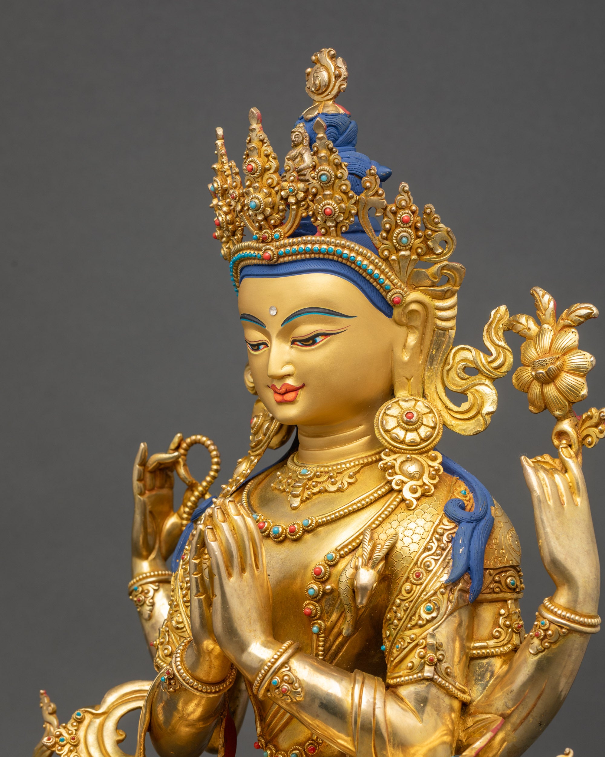 Chenrezig Statue side close up lotus base copper sculpture Nepal craftsmanship