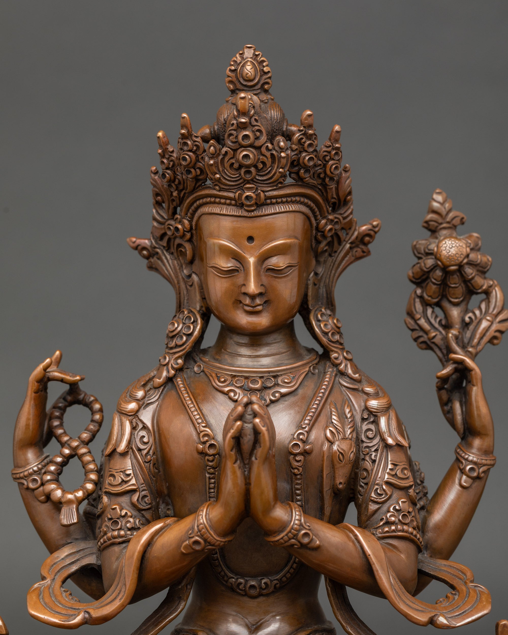 Chenrezig face gently closed eyes oxidized copper Newari artwork
