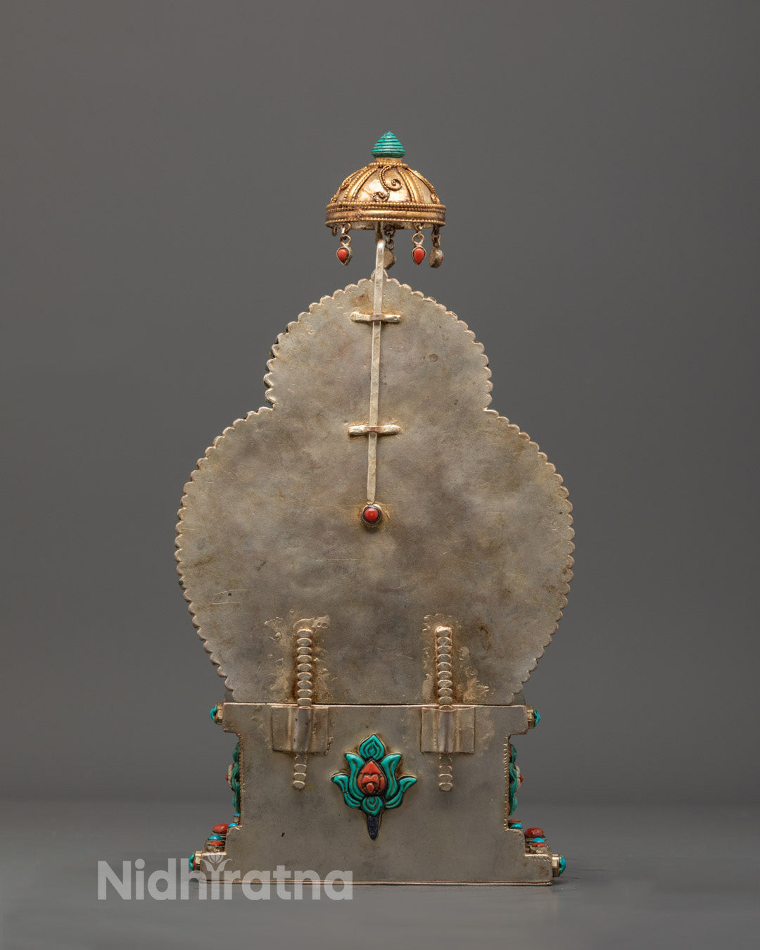 Chenrezig statue on intricate copper lotus throne with semi-precious stone decorations