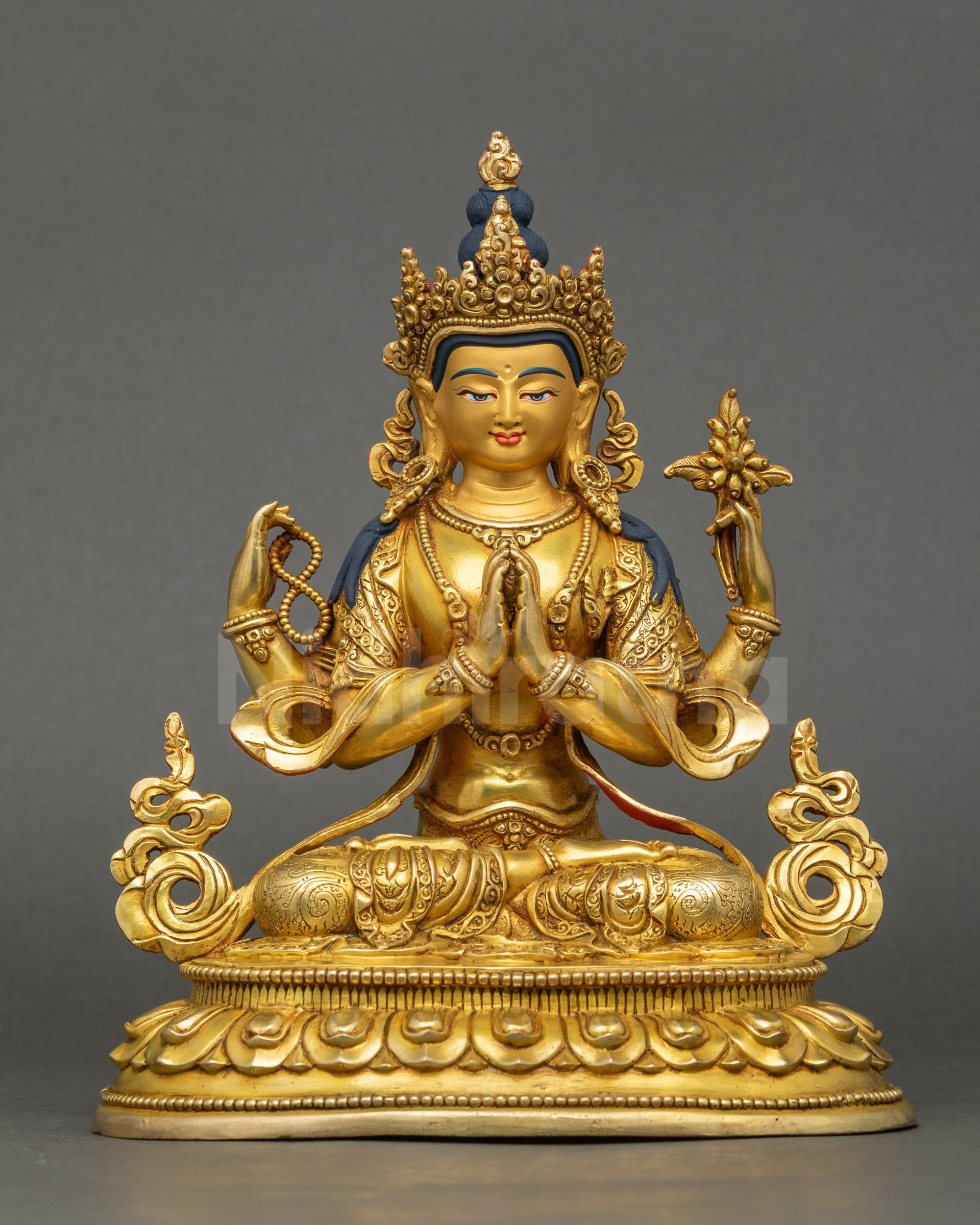 Chenrezig statue seated on lotus, hand-carved copper with gold fire-gilding