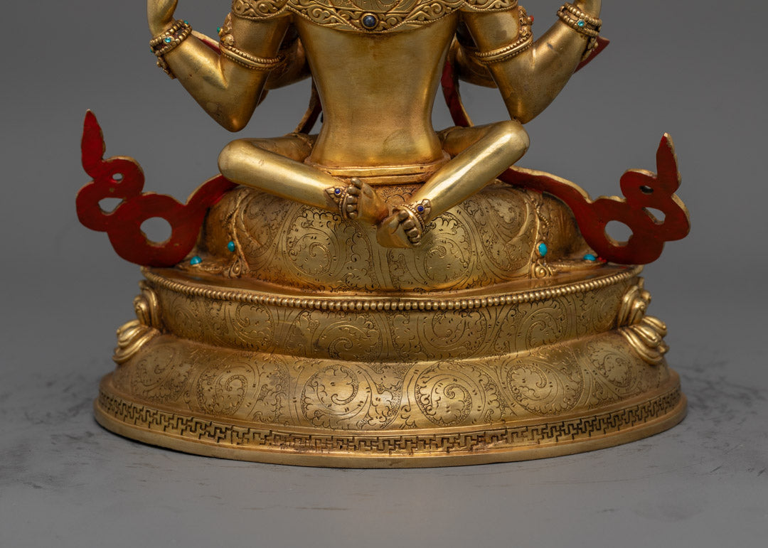 Handcrafted Chenrezig Statue in 24k Gold Gilded Copper