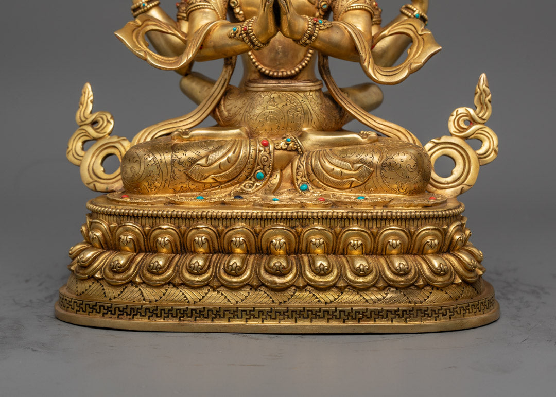 Handcrafted Chenrezig Statue in 24k Gold Gilded Copper
