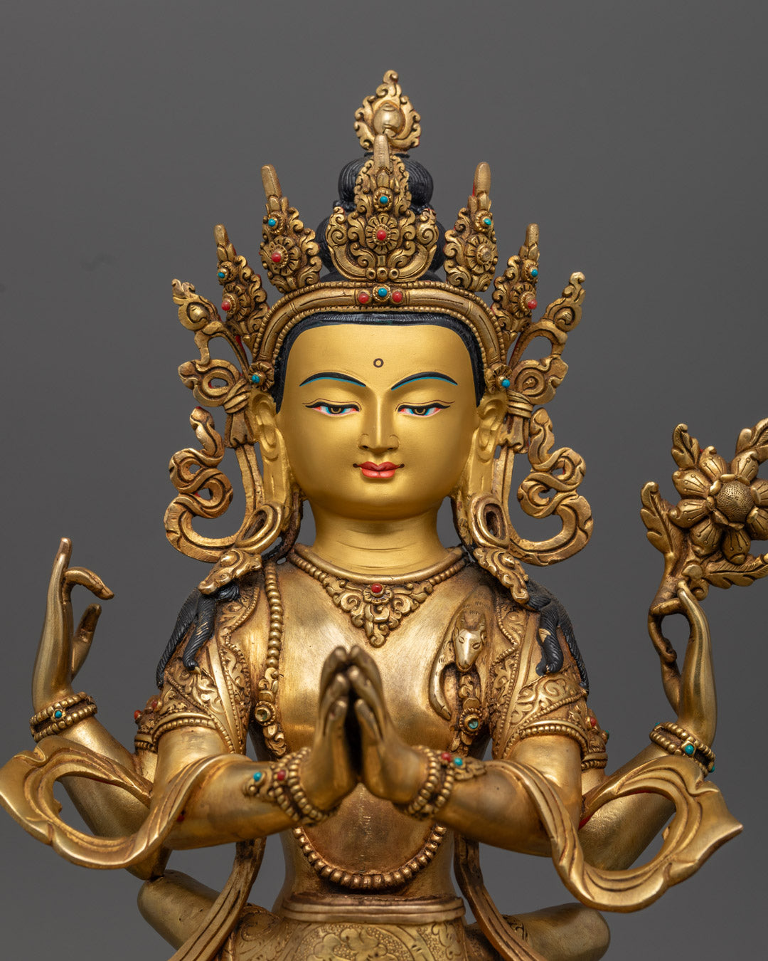 Handcrafted Chenrezig Statue in 24k Gold Gilded Copper