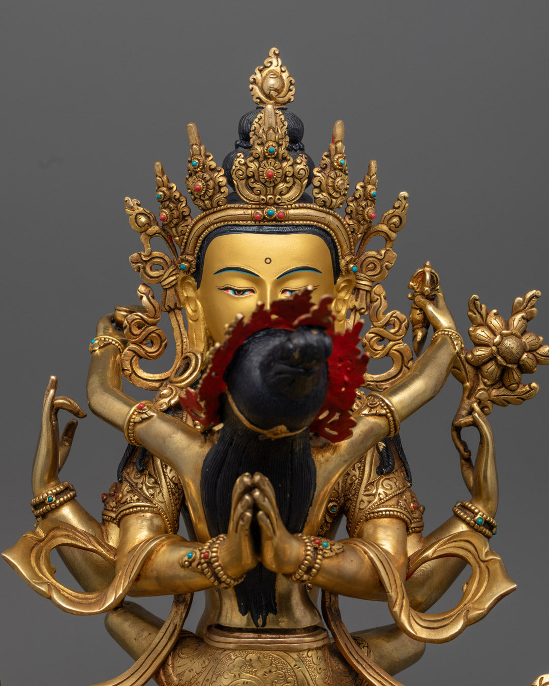 Handcrafted Chenrezig Statue in 24k Gold Gilded Copper