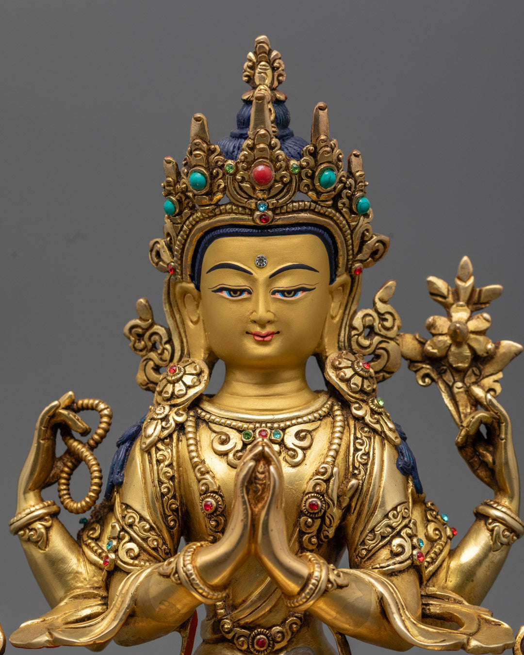 Chenrezig Buddha Statue – Gold-Plated Copper Avalokiteshvara Figurine with Om Mani Padme Hum Mantra Compartment, Handcrafted in Nepal