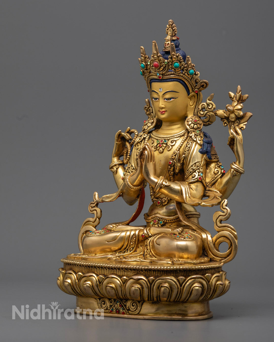 Traditional Chenrezig Sculpture – 24K Gold Face Buddhist Statue with Multiple Arms, Semi-Precious Gem Inlays, and Lotus Throne Base