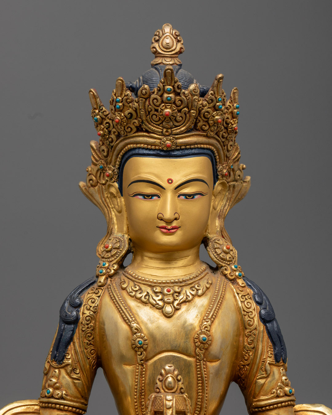 Showcases serene expression, intricate detailing, and the radiant halo representing divine wisdom and compassion.