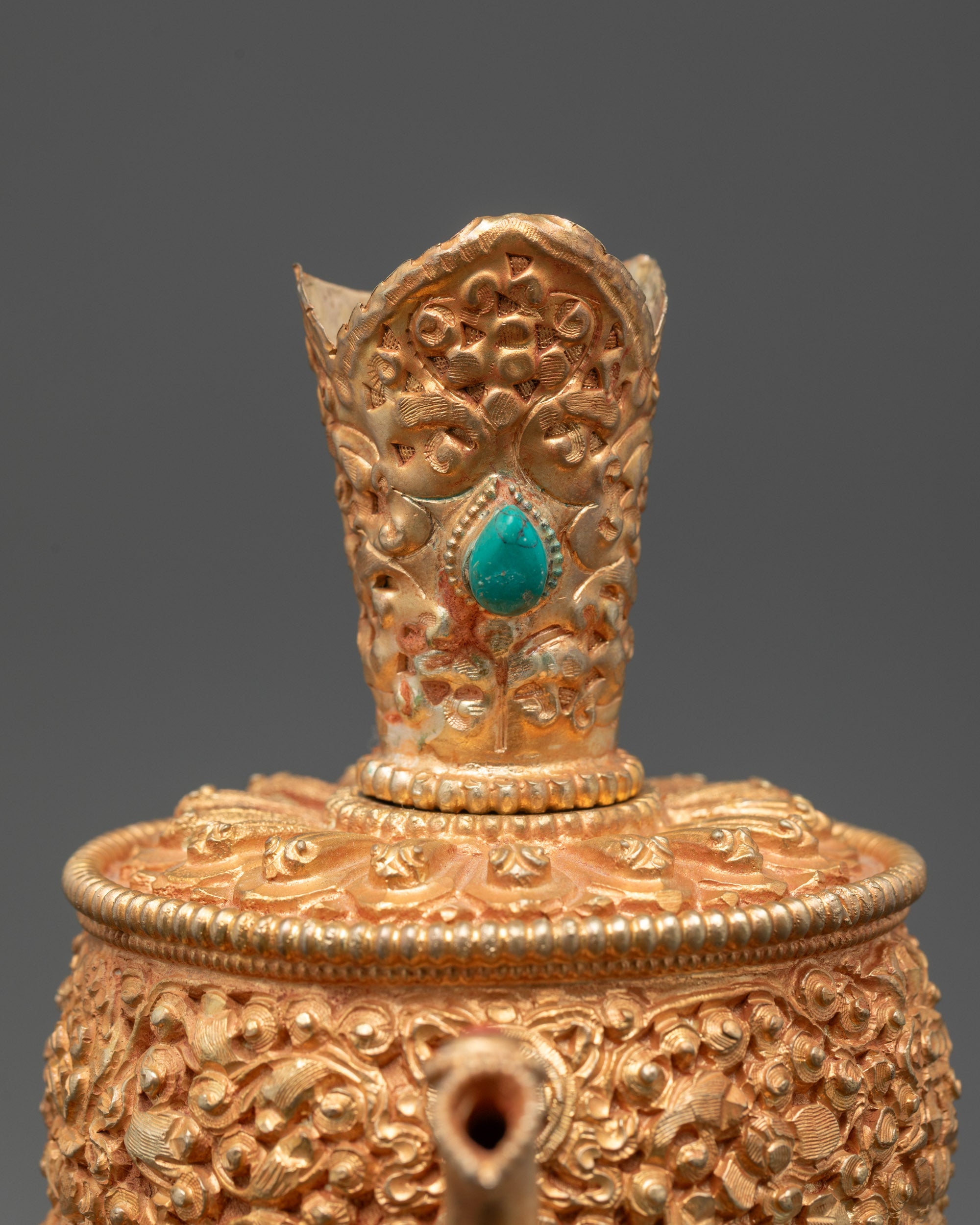 Close-Up of Che Gumba Turquoise Detail Gold Filigree Tibetan Bhumpa Nepal