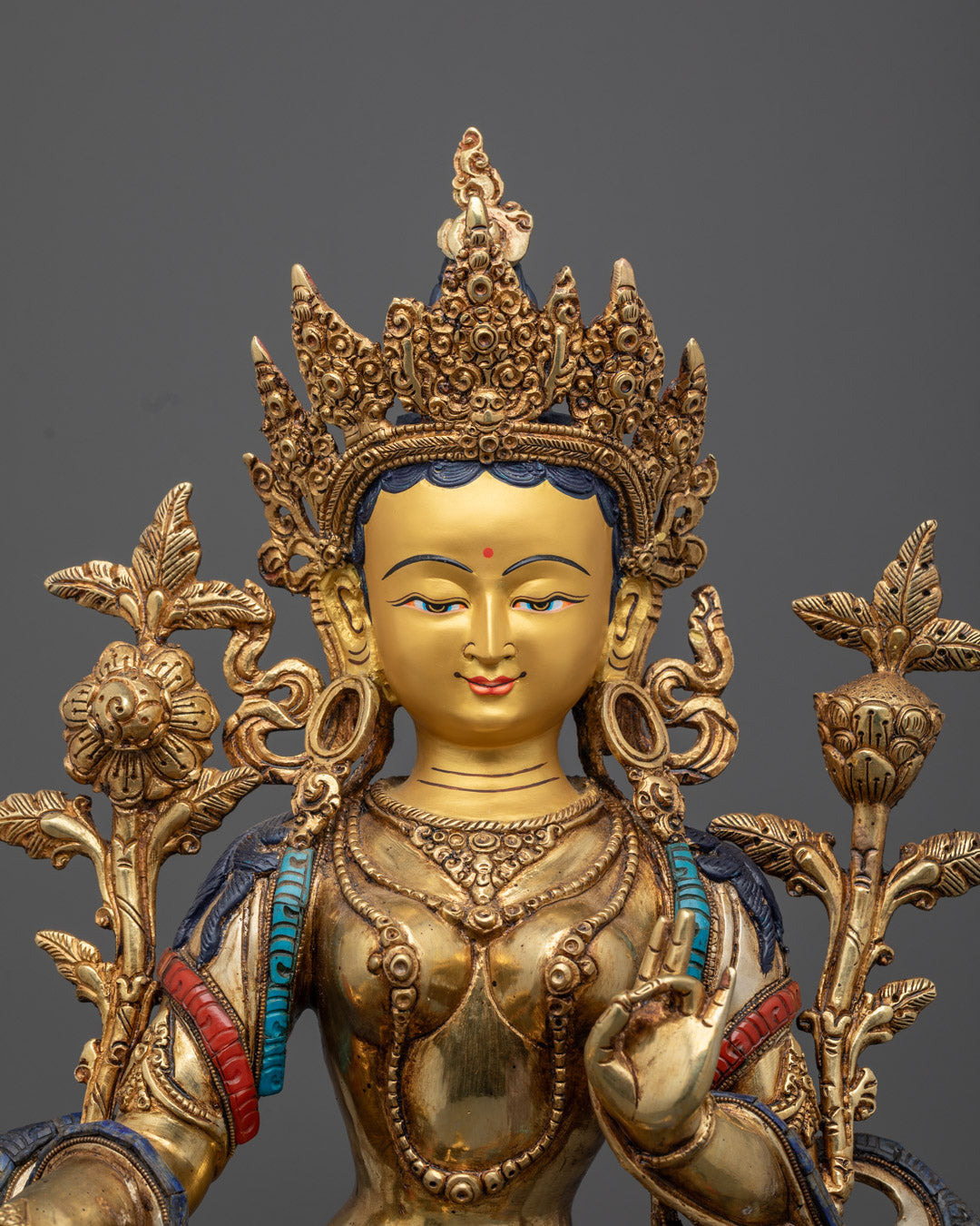 Green Tara’s Serene Face – 24k Gold Gilding and Adorned with Sacred Jewelry