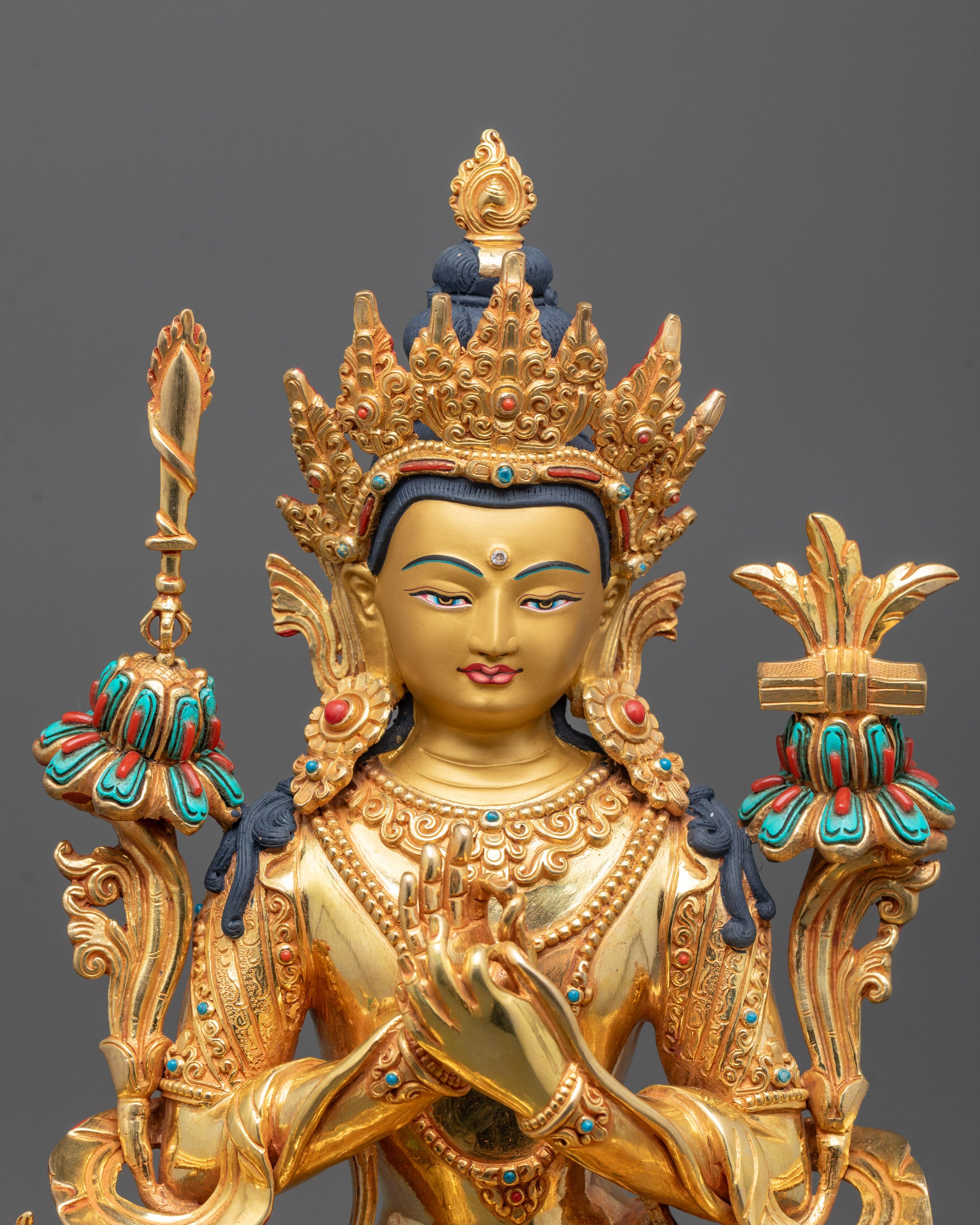 Close-Up of Manjushri’s Gold-Polished Face with Semi-Precious Stone Halo