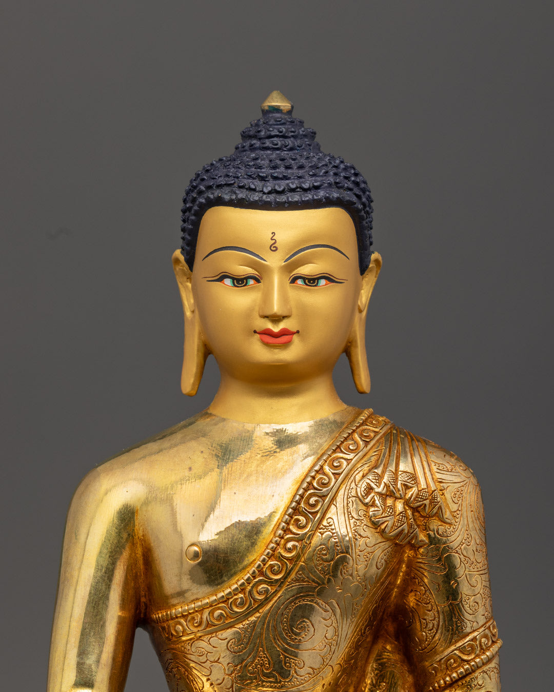 Shakyamuni Buddha's Serene Face Gilded in Pure Gold with Detailed Acrylic Color Finish