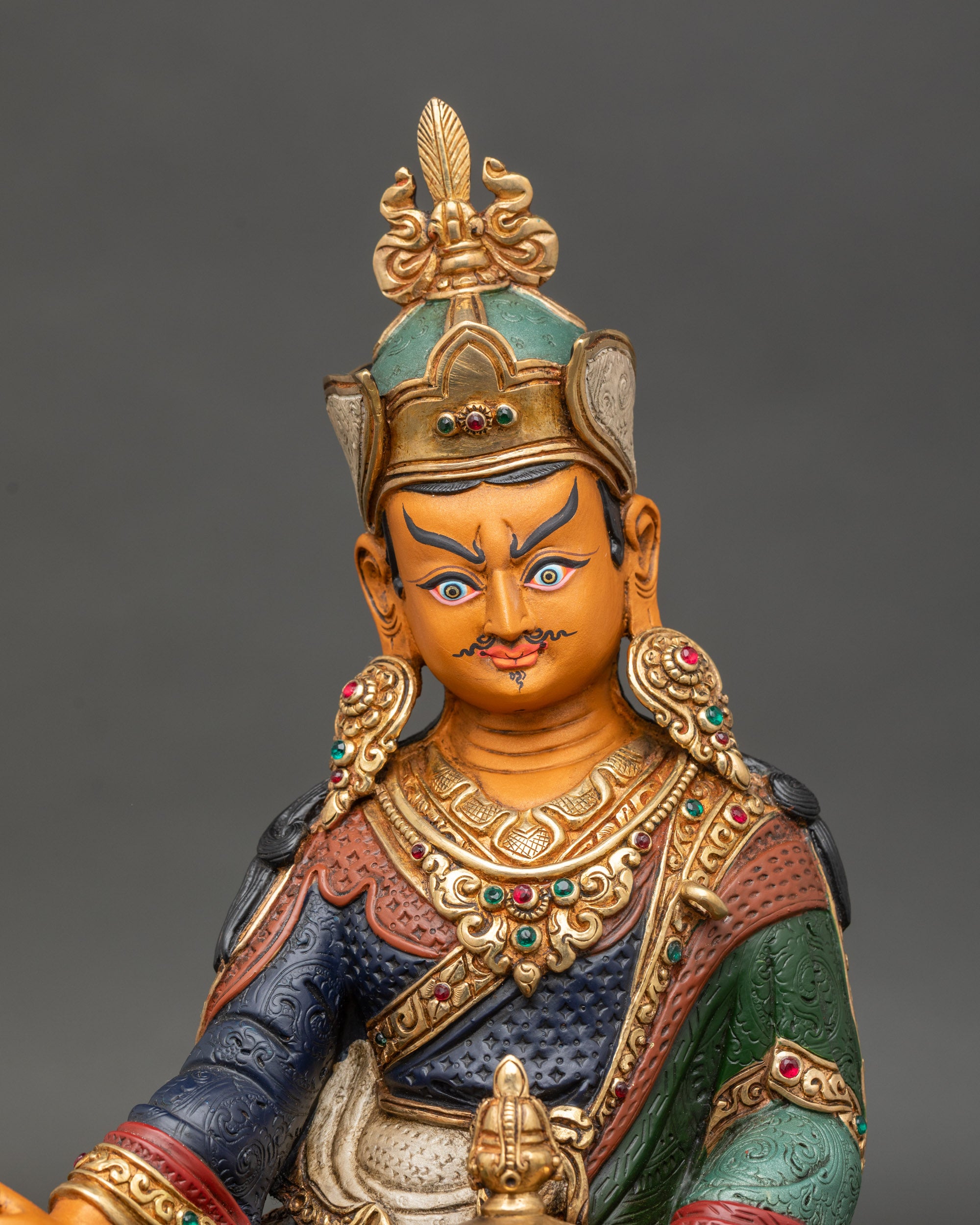 Close-up-Guru-Rinpoche-gold-copper-statue-vajra-skull-cup-khatvanga-staff-hand-painted-detail