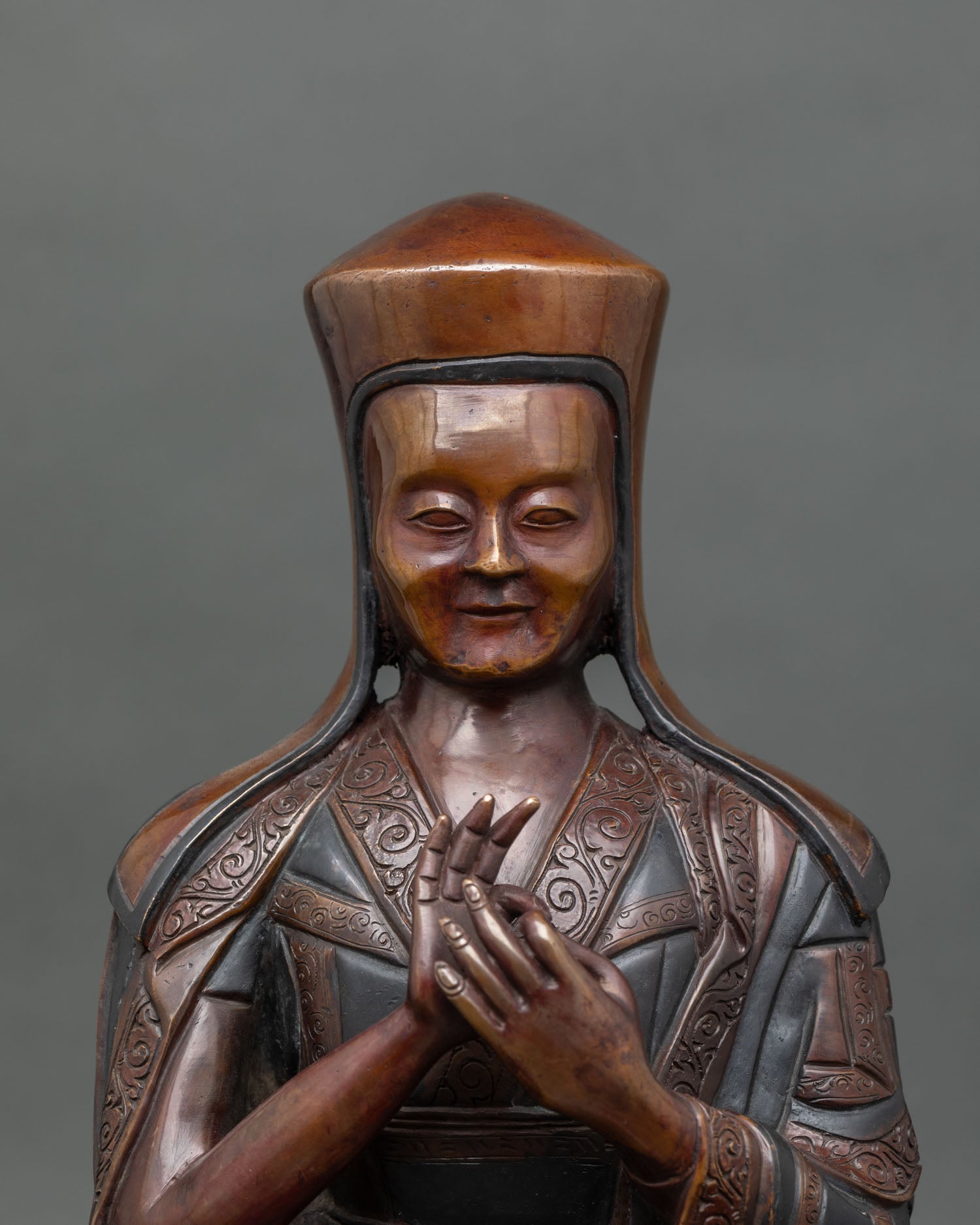 Close up of Karmapa face serene expression meditation blessings handcrafted Nepal