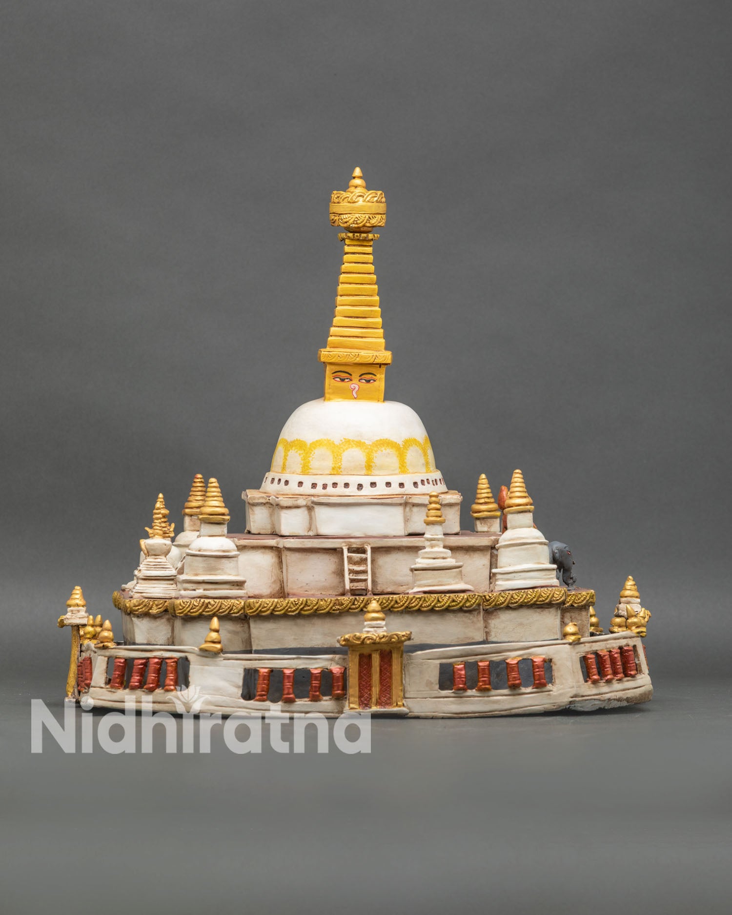 Close-up of Boudhanath Stupa with Buddha eyes and harmika tower detail
