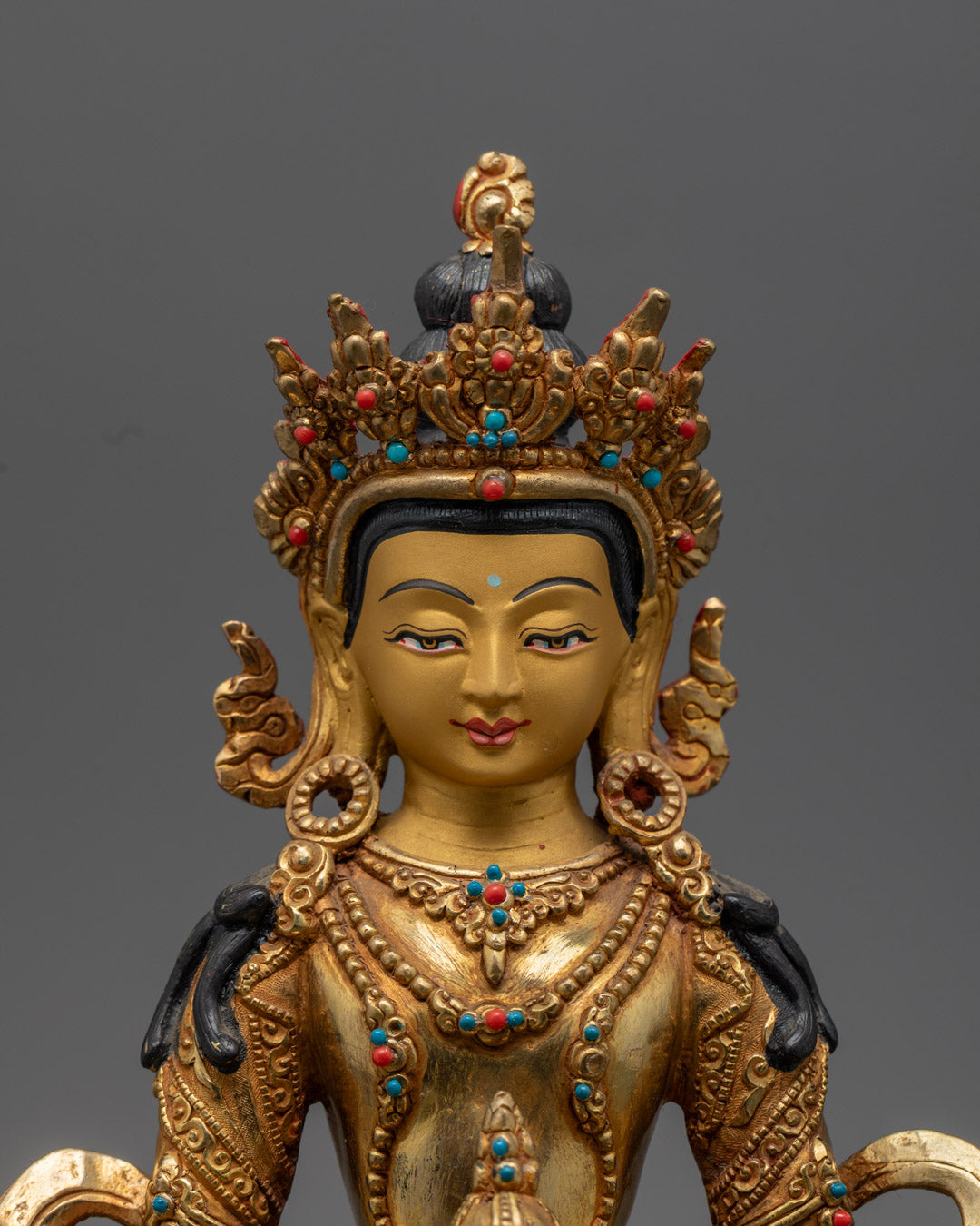 Close-up of Amitayus Sculpture Showing Intricate Details and Semi-Precious Stone Inlays