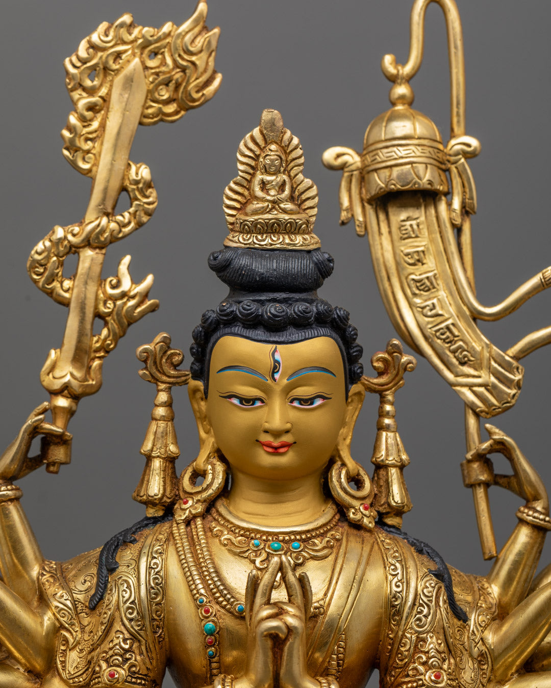 Chundi Devi Statue face gilded in 24K gold, radiating enlightened feminine power and spiritual strength.
