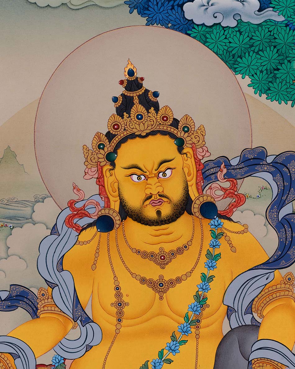 Close-up of Dzambhala’s face with crown, fierce gaze, and jewel-spitting mongoose detail
