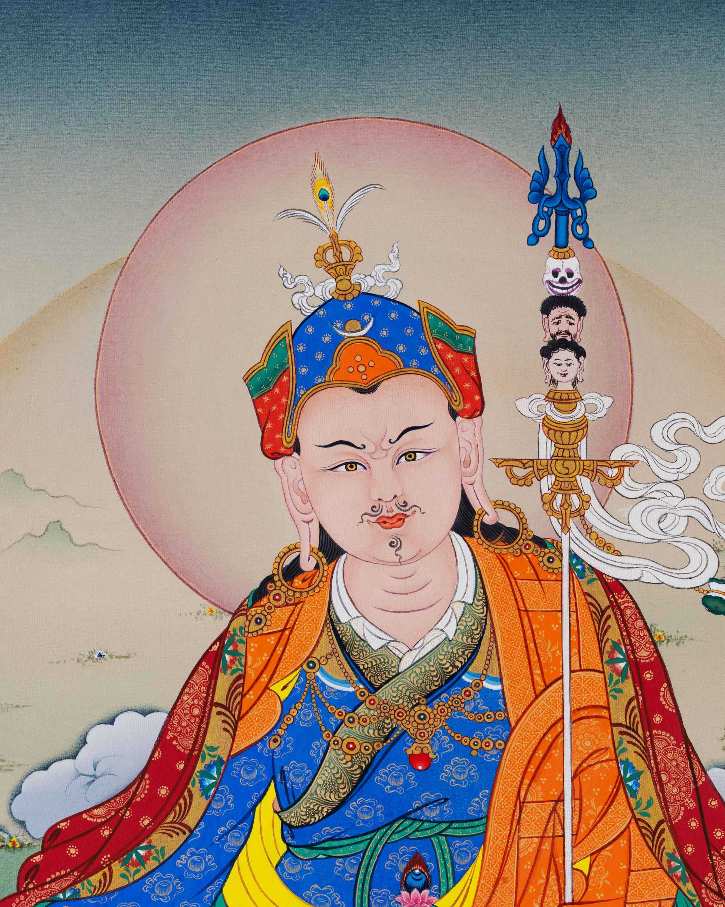 Close-up of Guru Padmasambhava’s calm expression and five-pronged vajra in Thangka print