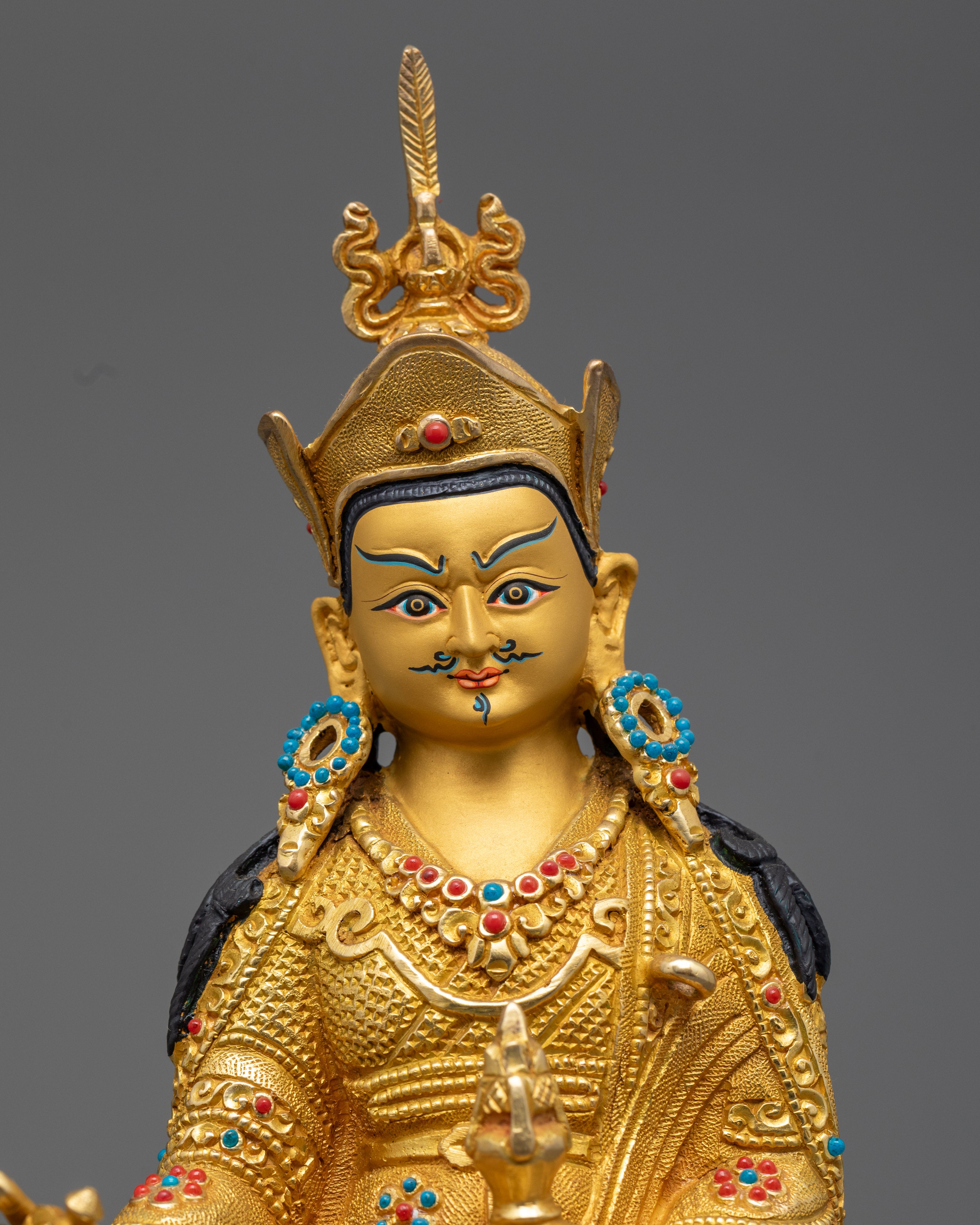 Guru Rinpoche’s Face with Skull Cup and Vajra Detailing in Vibrant Acrylic Colors