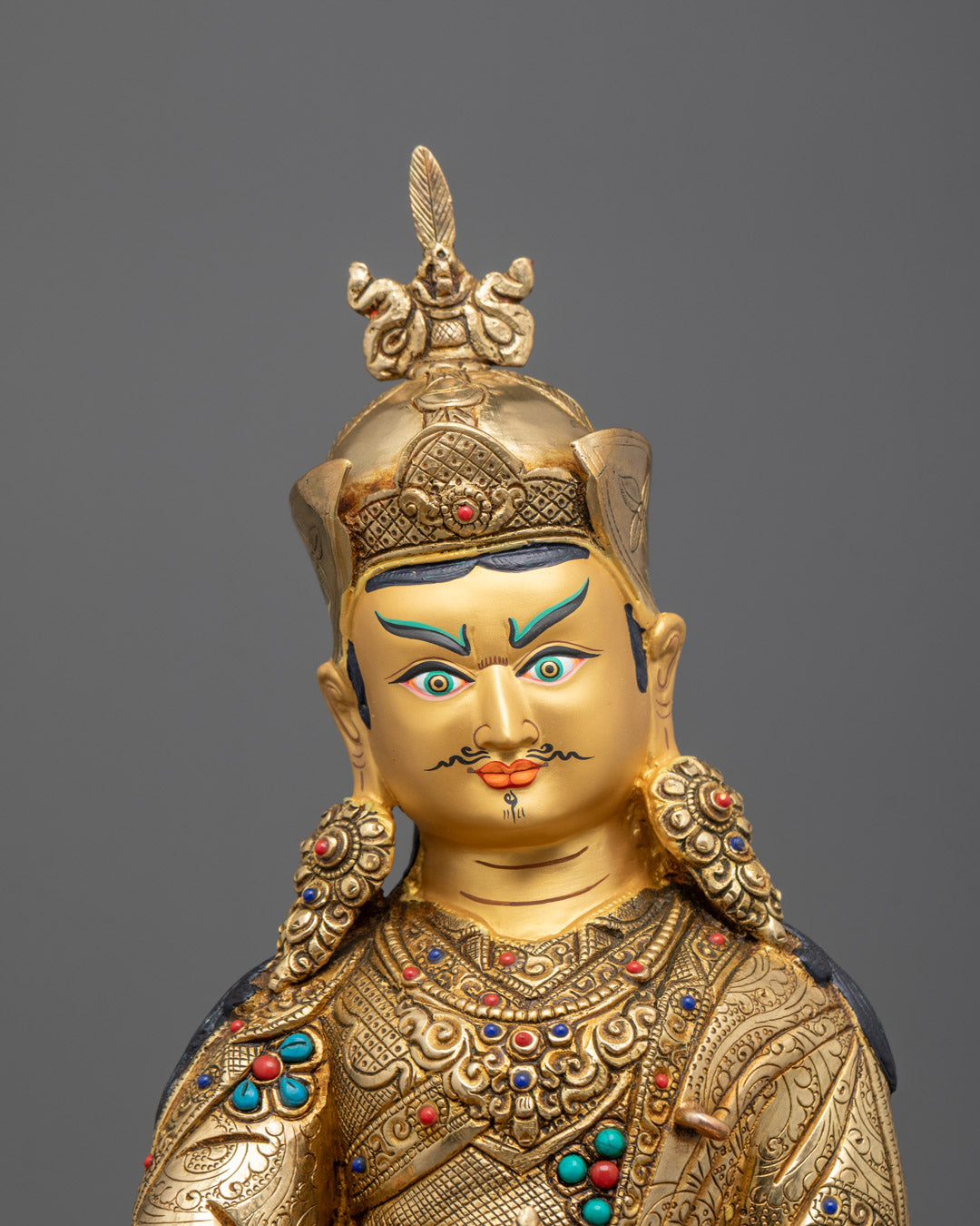 Close-up of Hand-Carved Guru Rinpoche Statue with 24k Fire-Gilded Gold and Vajra