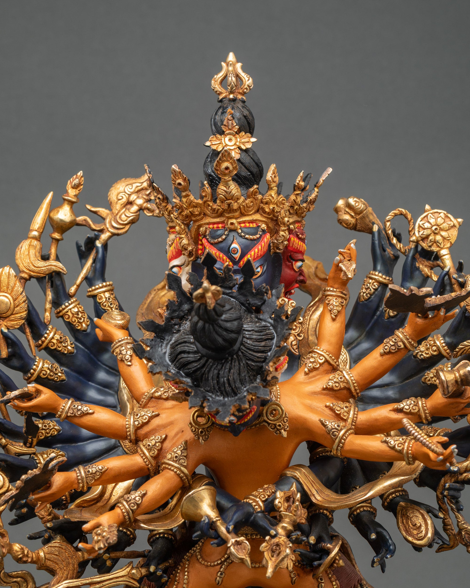 Close-up of Kalachakra copper statue showing intricate Newari Patan details