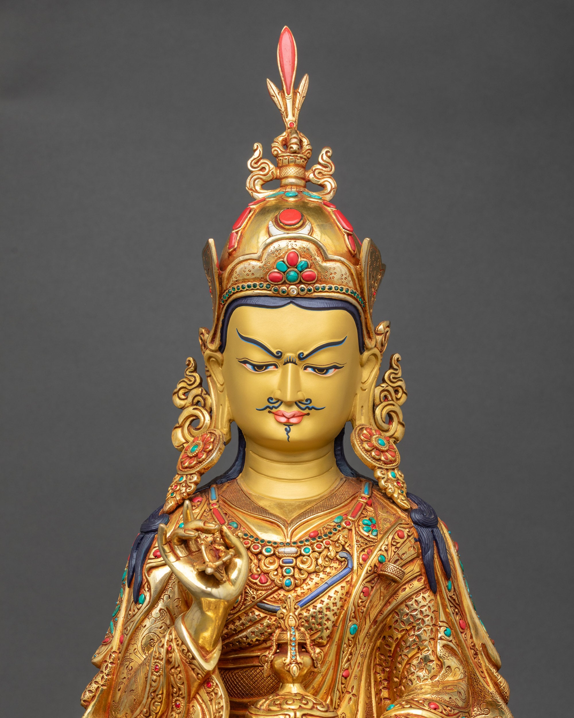 Close-up of Tsokye Dorje Statue highlighting intricate gold fire-gilding and floral kasaya details