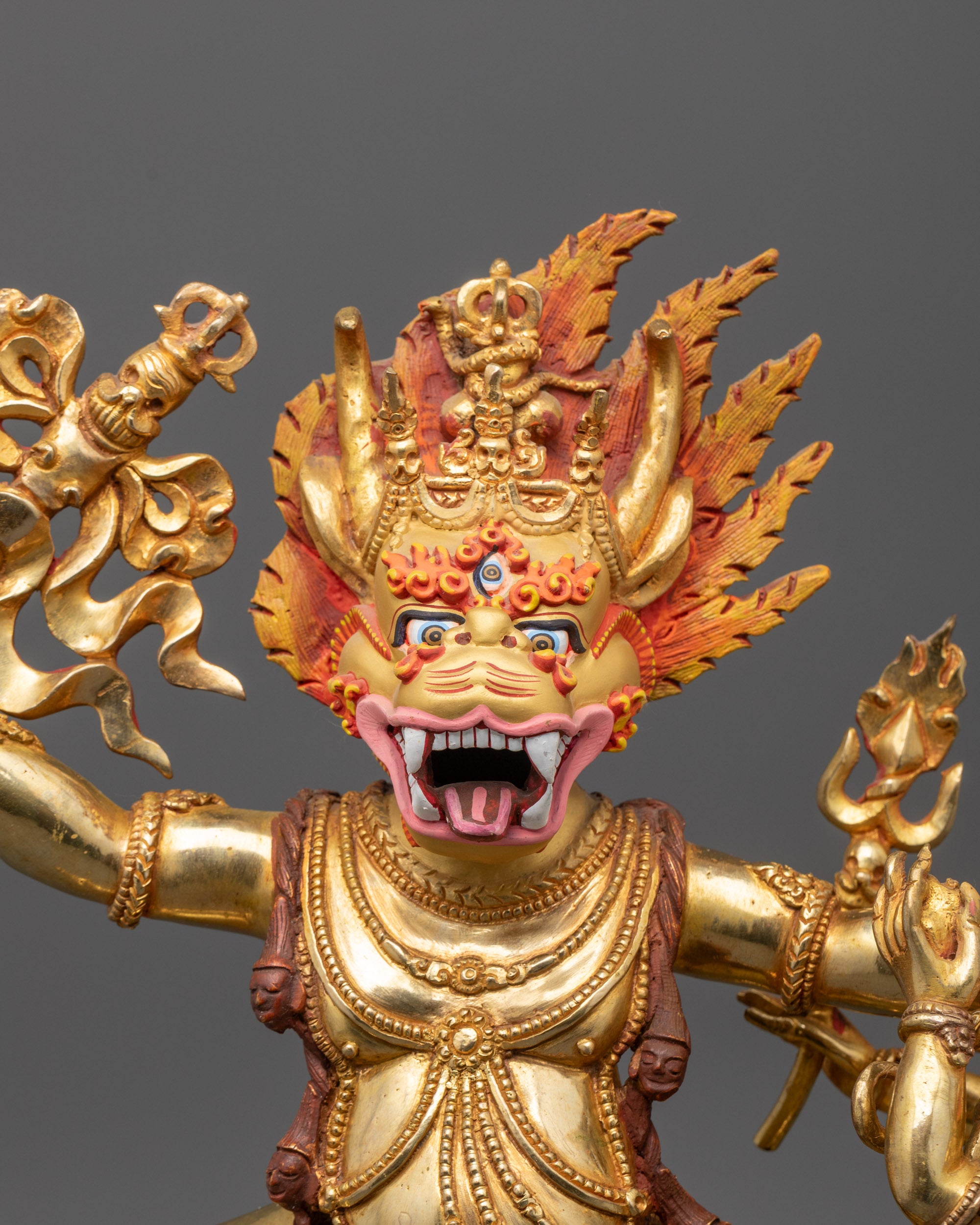Close-up of intricate carvings and fierce expression with detailed ornaments and giant halo background