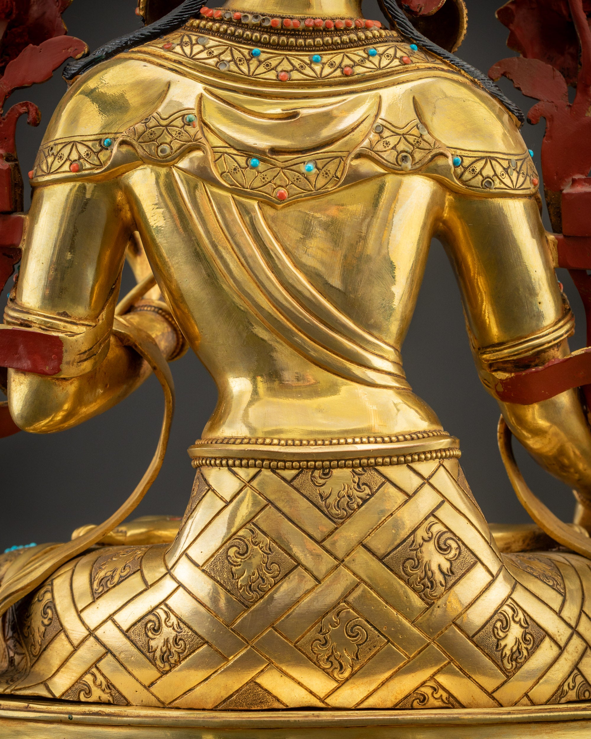 Close back view of robe and garments White Tara seated lotus semi-precious stone robe