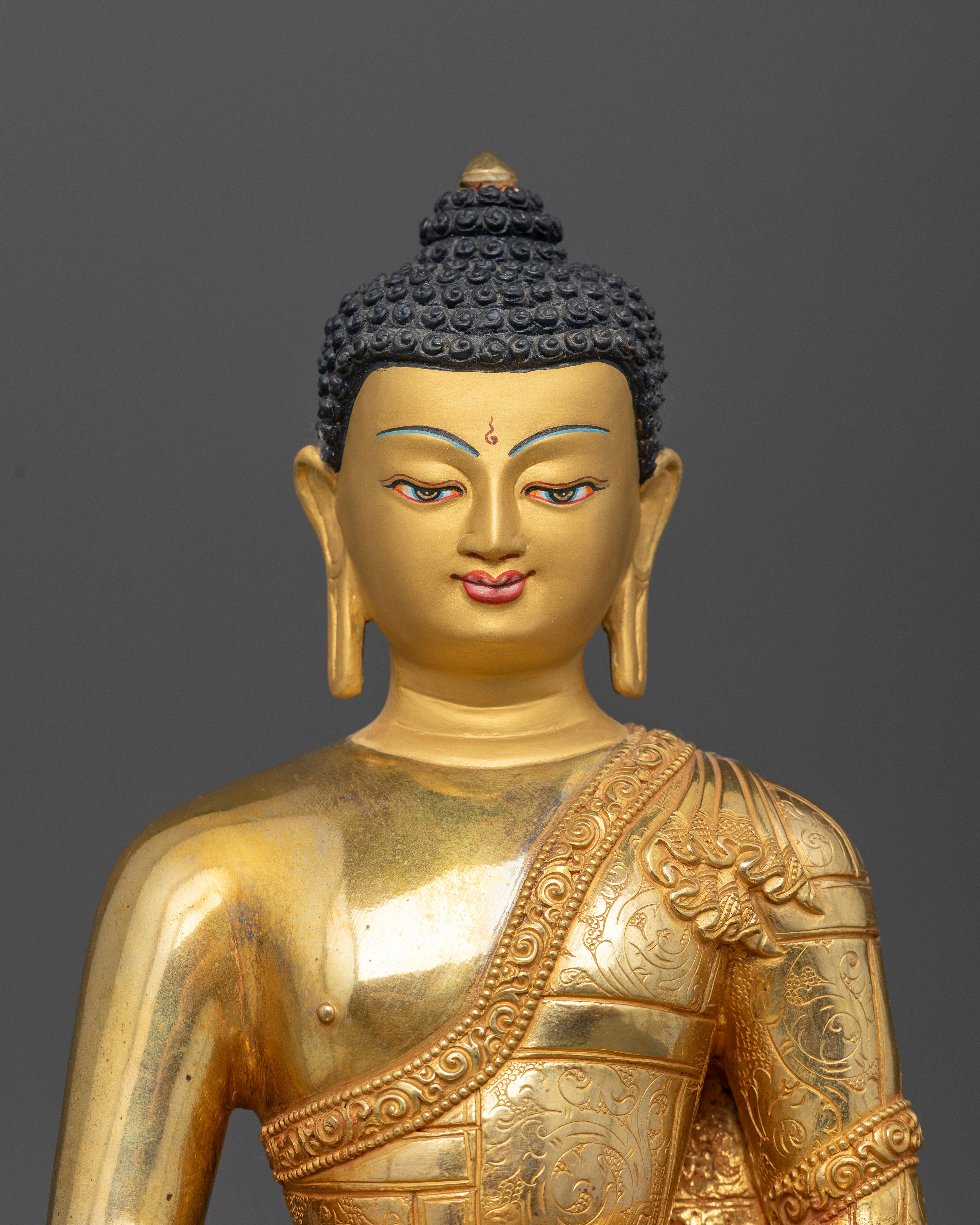 Close up Amitabha Buddha gold-painted face alms bowl Himalayan sacred art sculpture