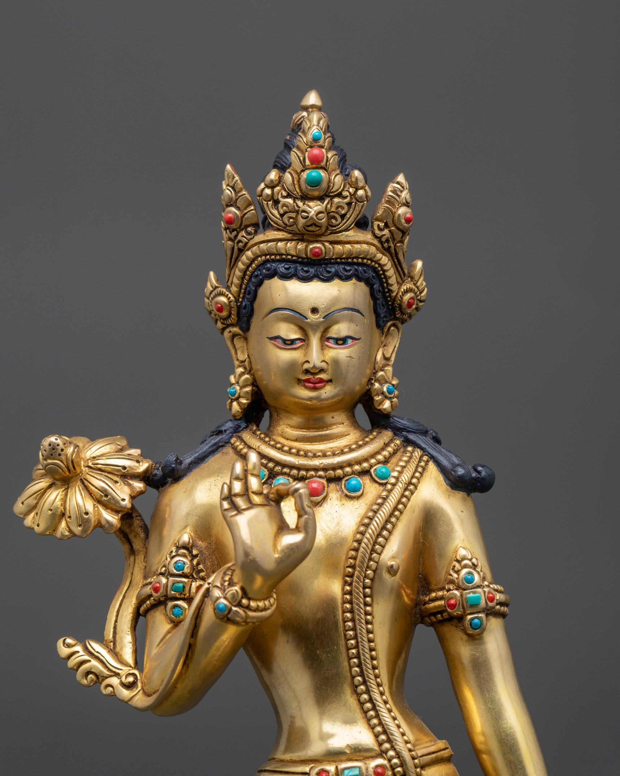 Close up Avalokiteshvara from Eight Bodhisattvas set with jeweled crown and halo