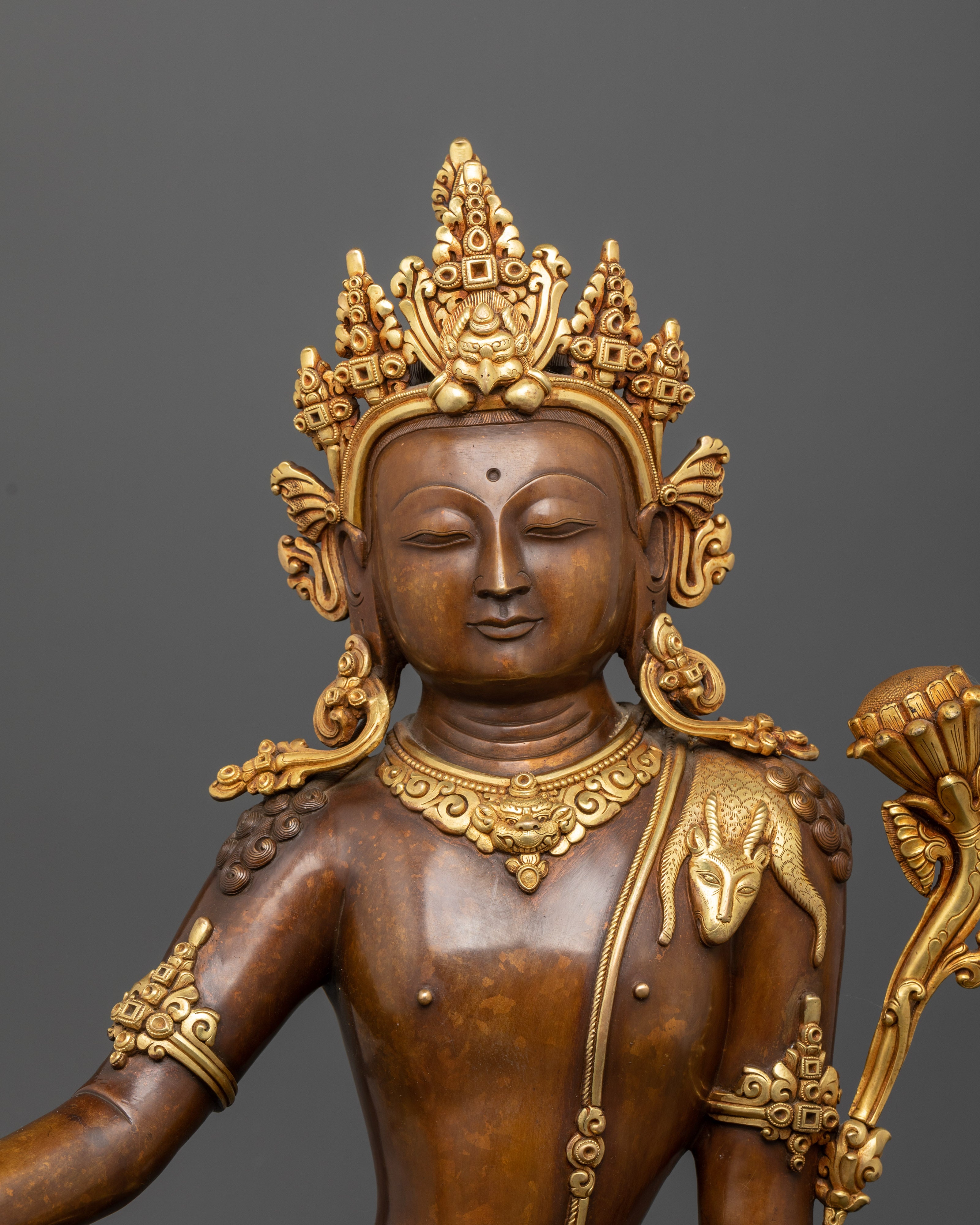 Close up Chenrezig crown utapala flower vitarka mudra lotus details Nepalese art