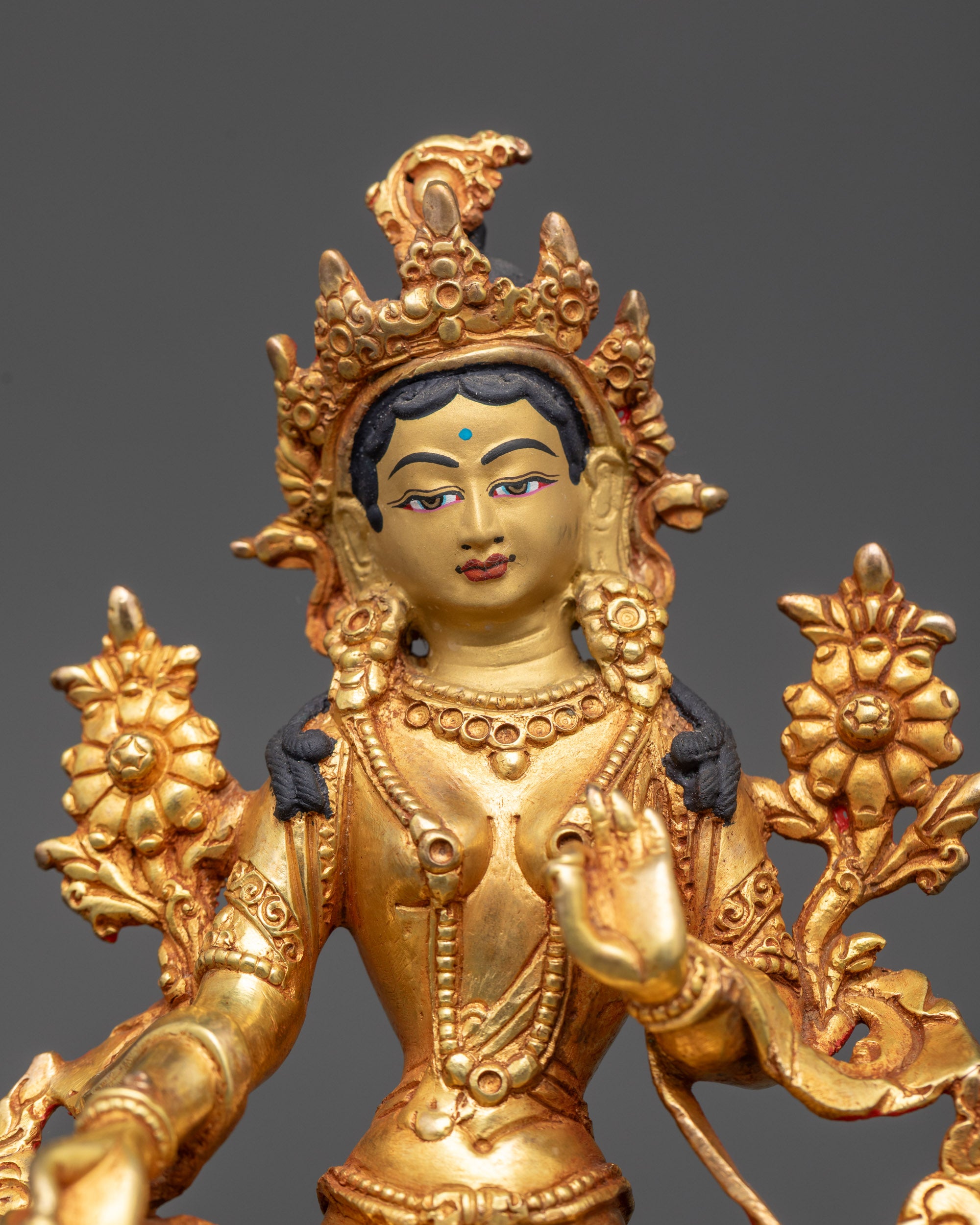 Close up Green Tara Figurine 24K gold-gilded Tibetan goddess with utpala lotus details