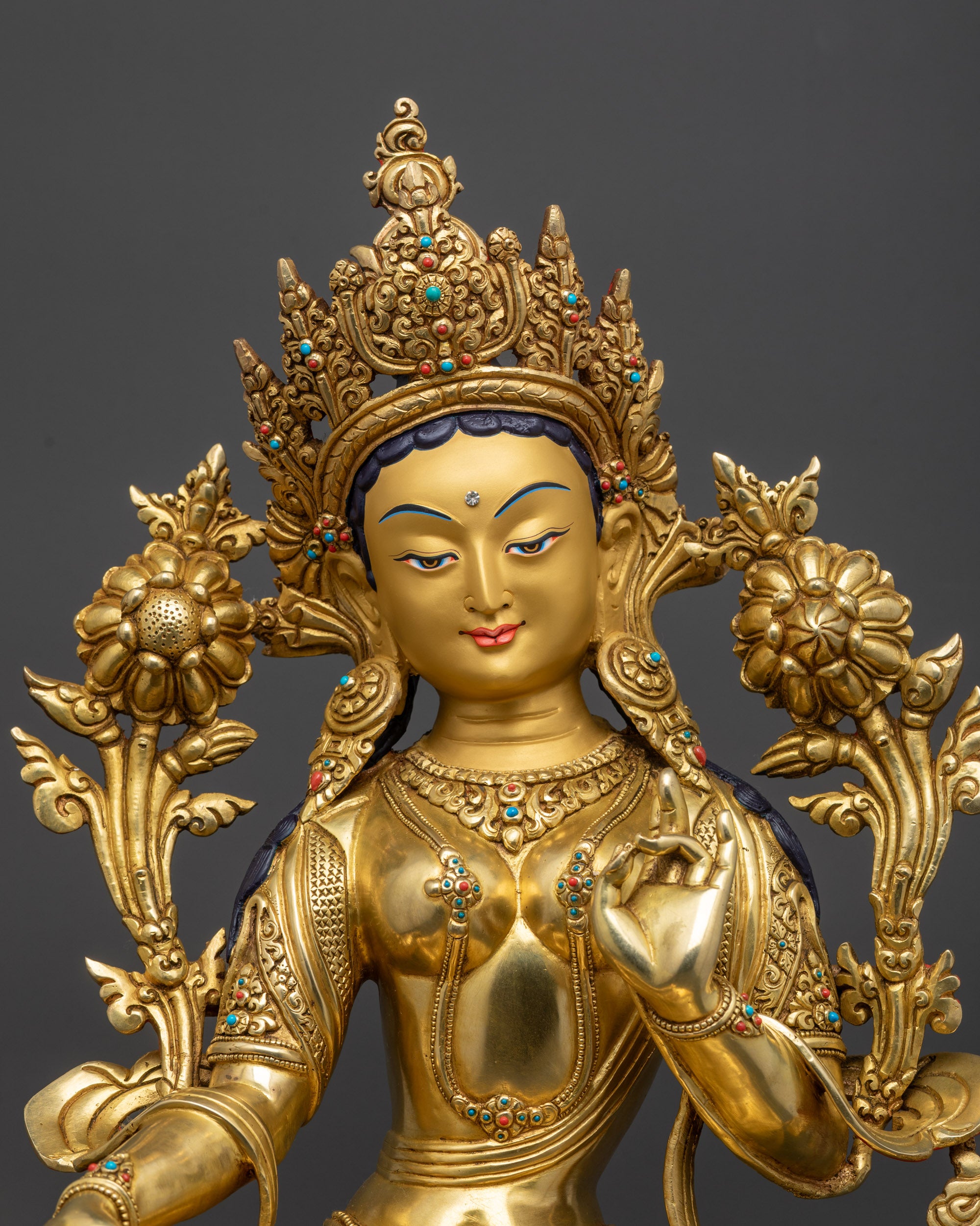 Close up Green Tara Statue showing Five-Jeweled Crown and semi-precious stones