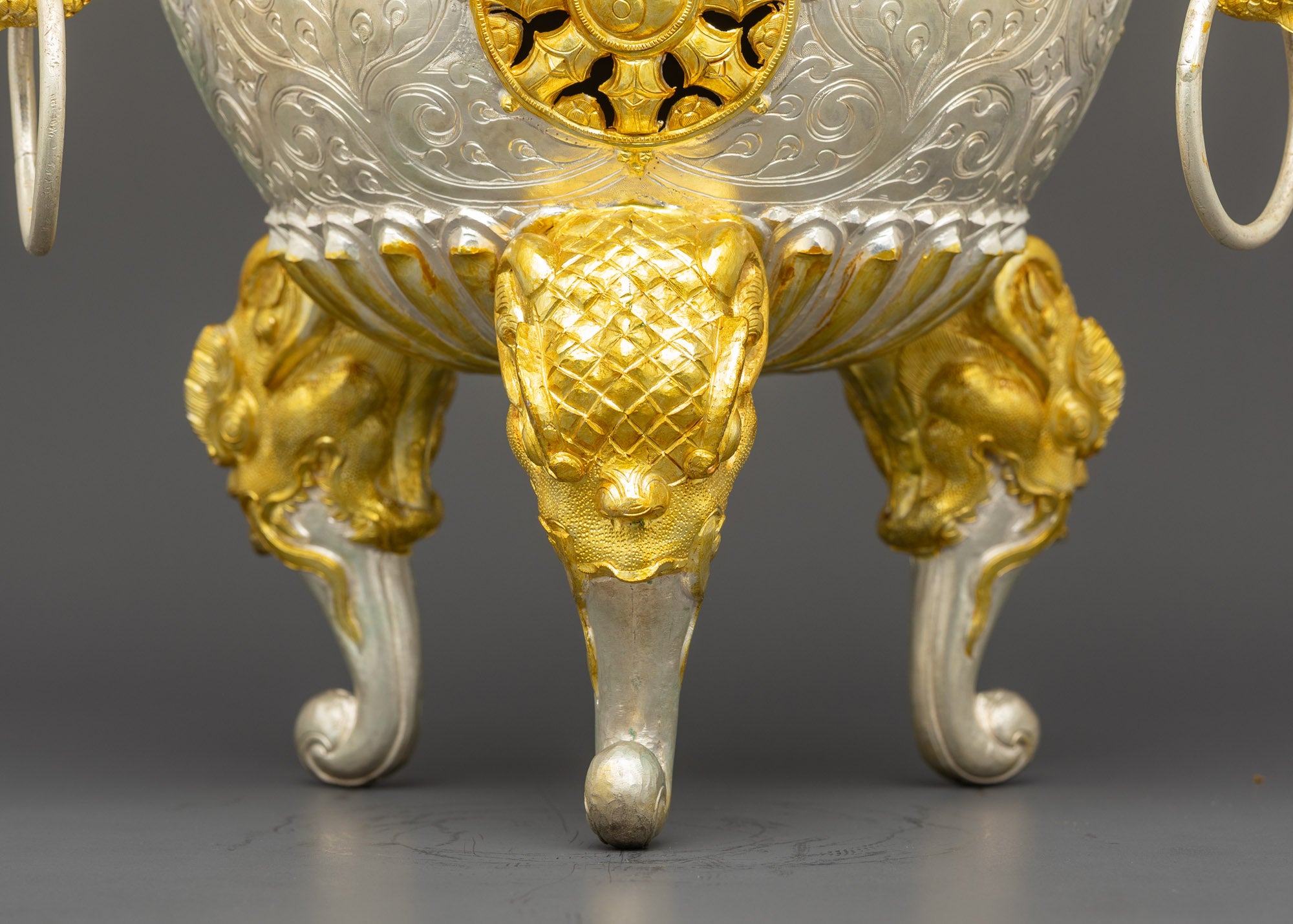 Close up Himalayan copper Sangbour on three elephant stands for Buddhist rituals