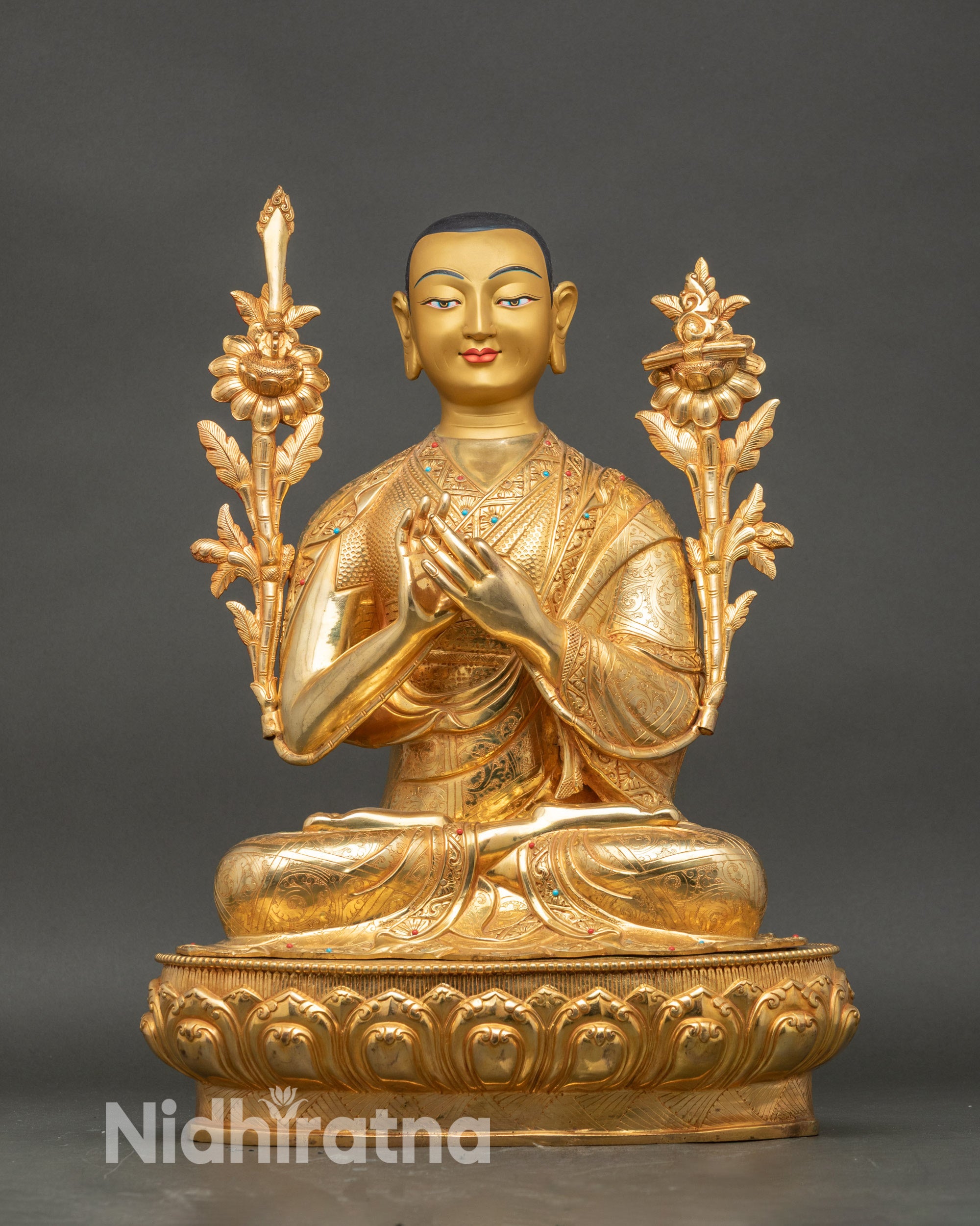 Close up Je Tsongkhapa statue gold-painted face, Newari handcrafted Tibetan Buddhist sculpture
