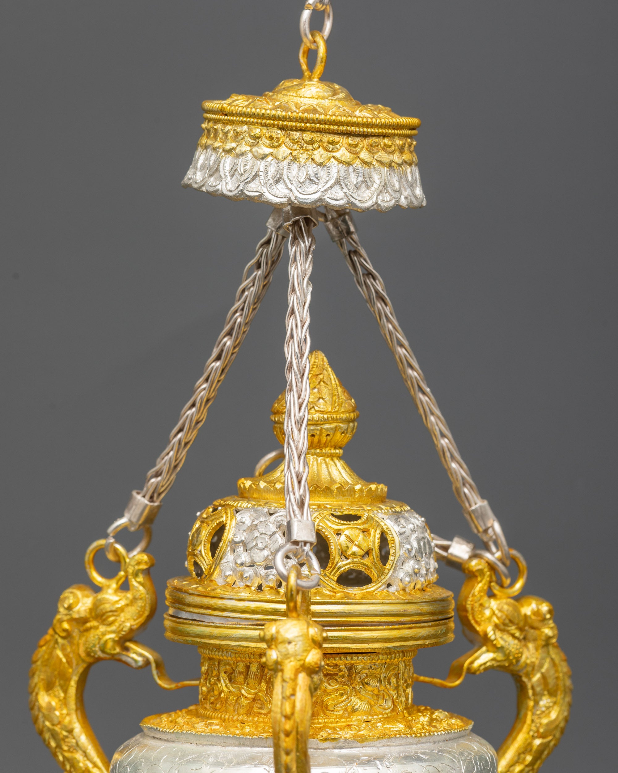 Close up Sangbur incense burner filigree detailing with pierced lid for Sang ritual