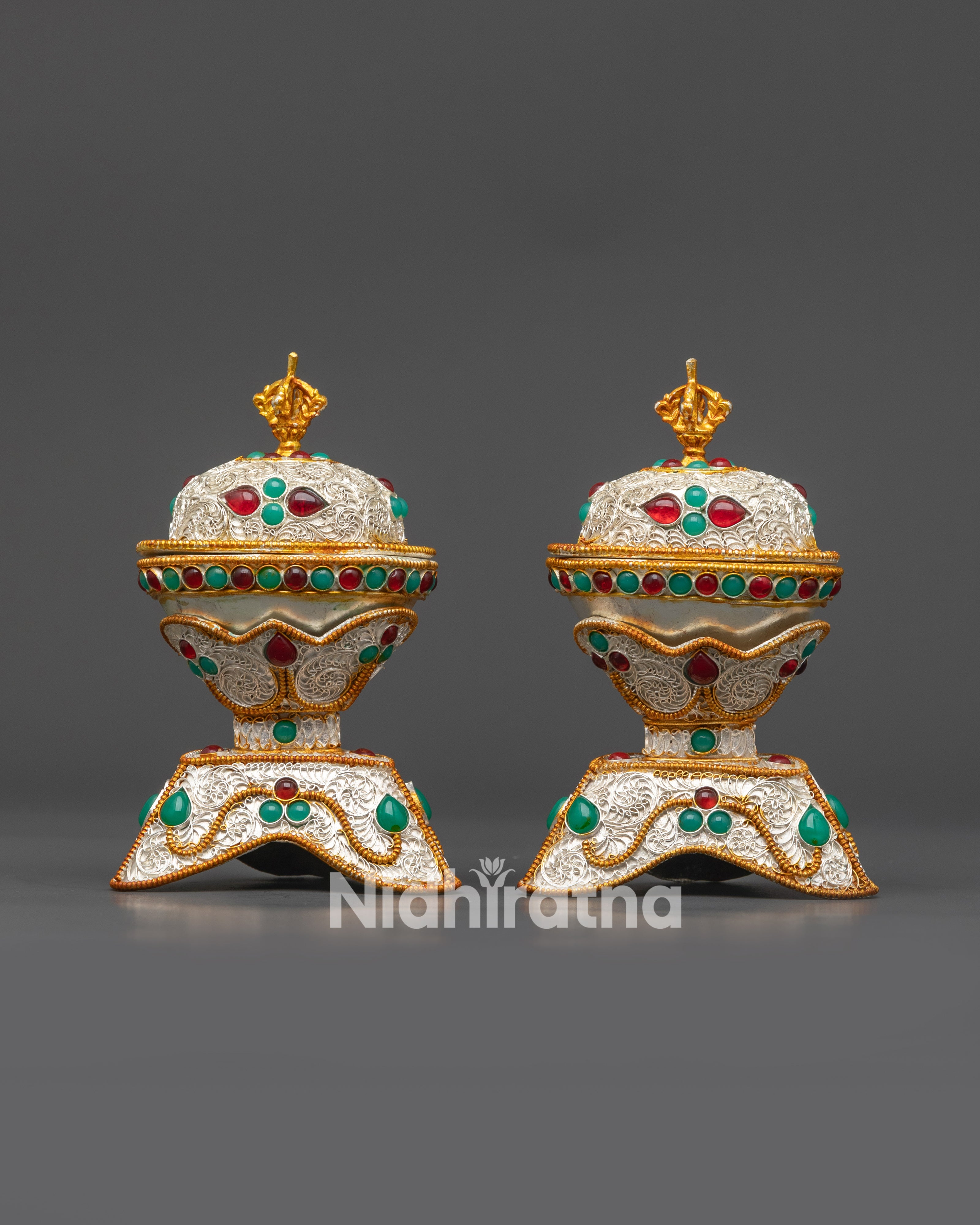 Close up Silver-Plated Kapala Set showing gold and silver filigree details