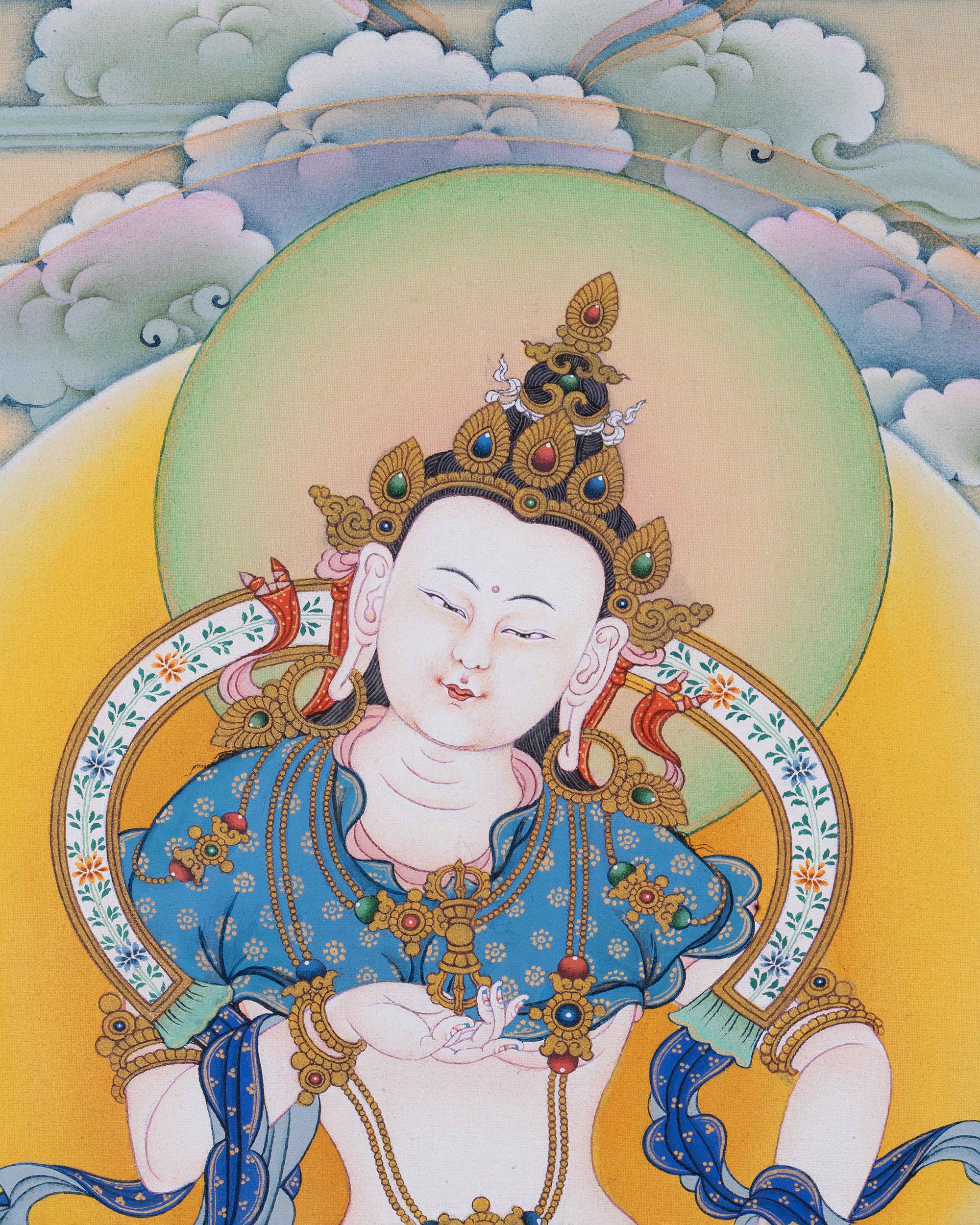 Close up Three Deities Thangka: Vajrasattva, Chenrezig and amp; Namgyalma | Sacred Canvas Print