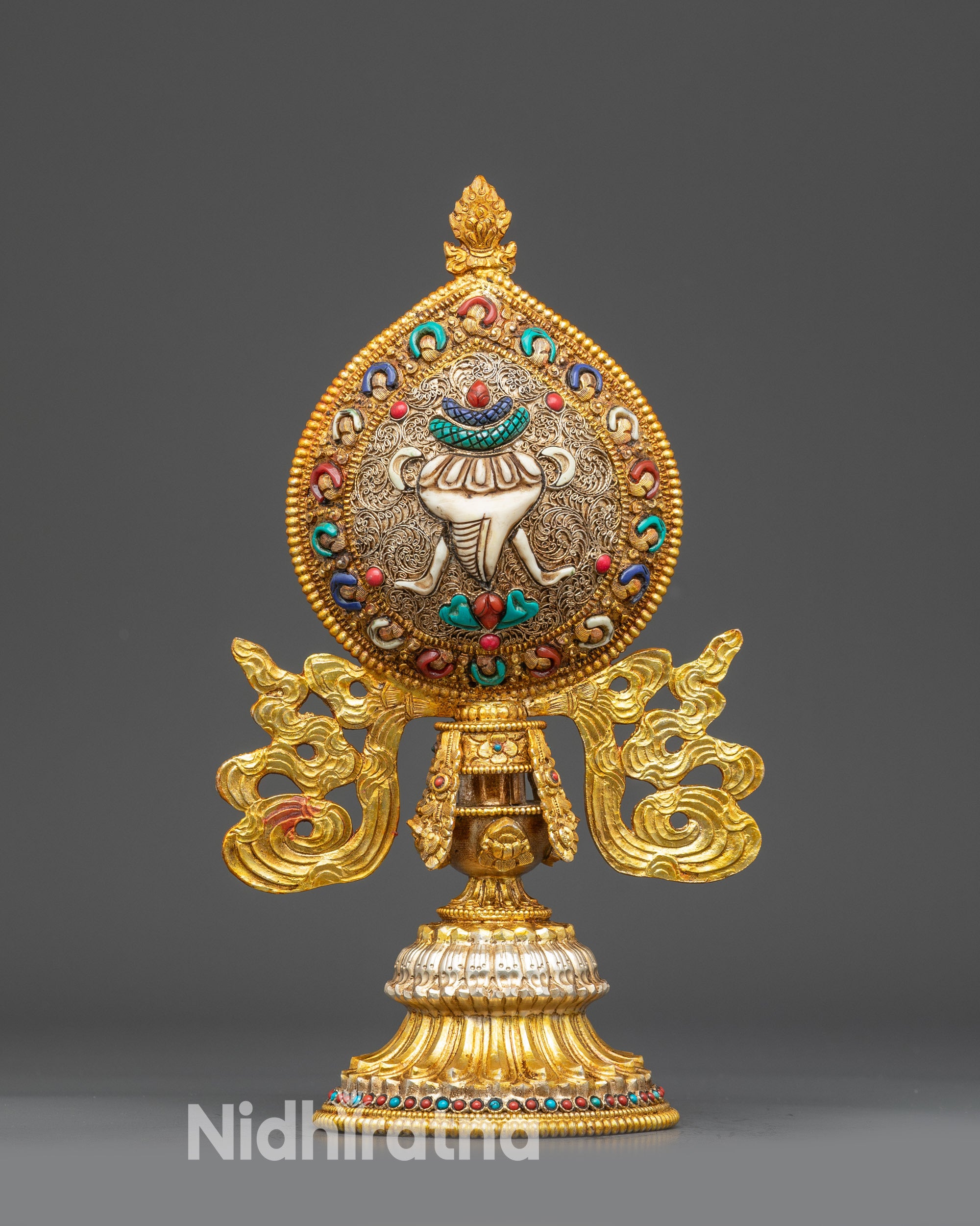 Close up White Conch Shell (Shankha) from Ashtamangala set, gold-plated copper detailing