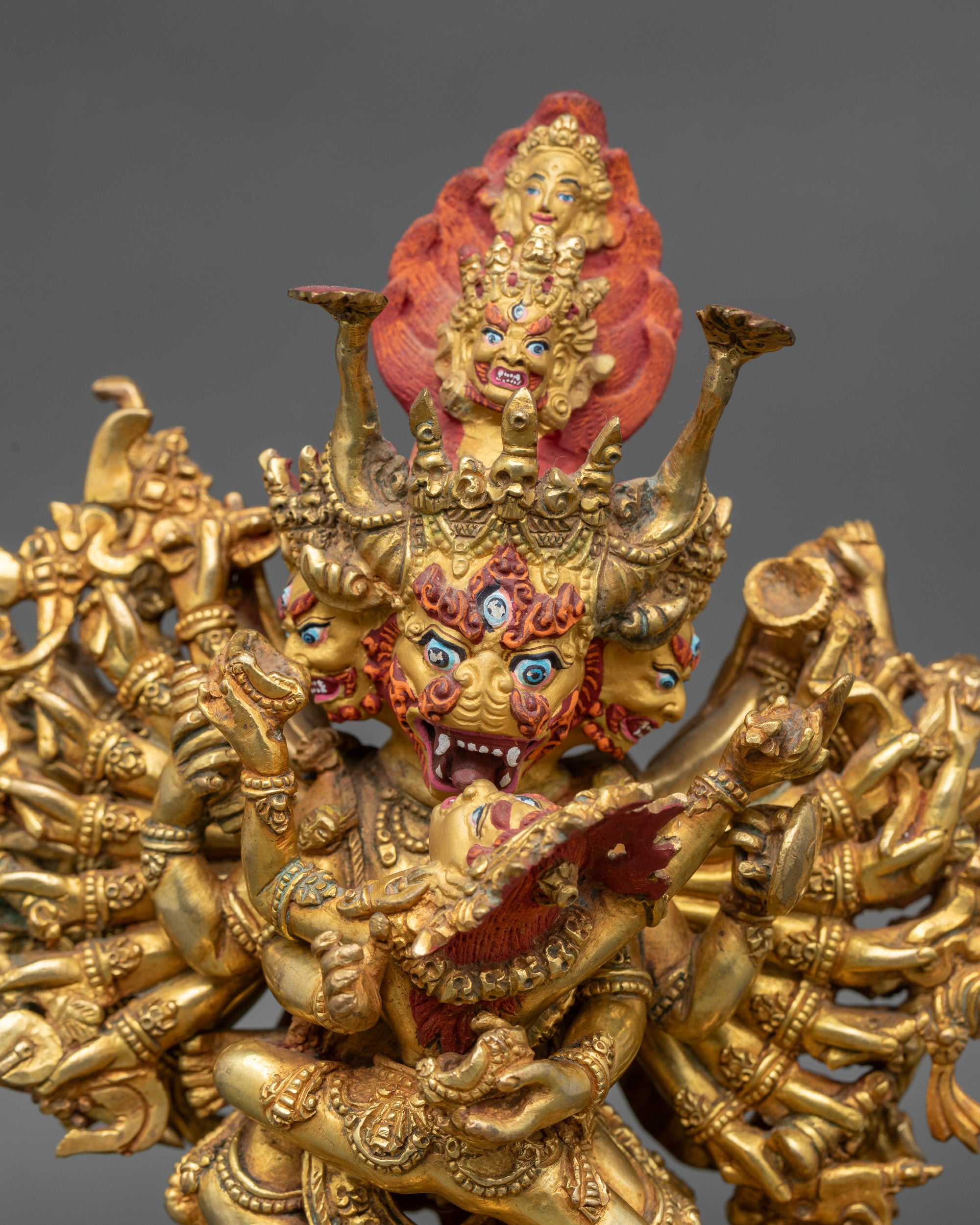 Close up Yamantaka Buddha face and flaming halo representing enlightened energy