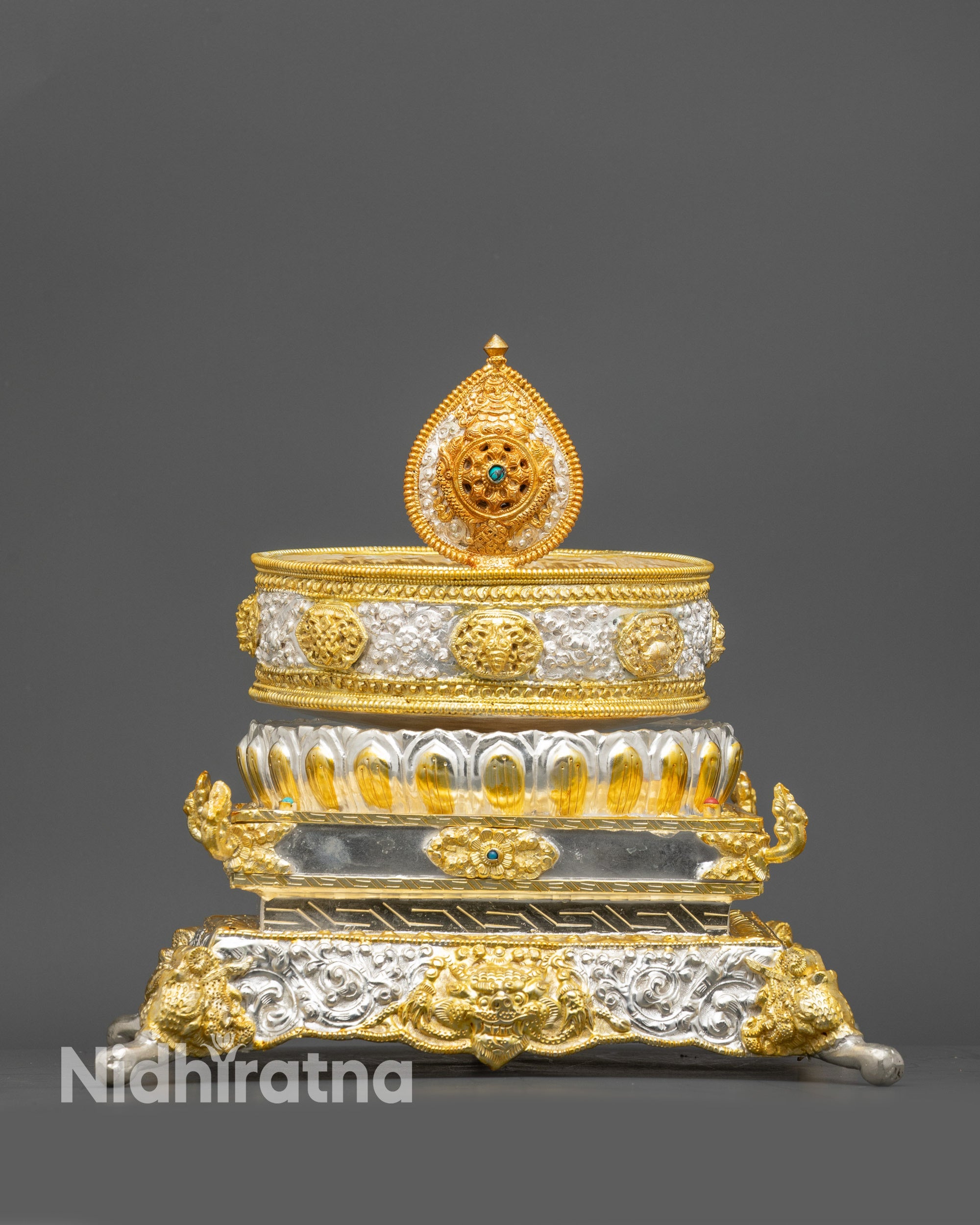 Close up of 6" Tibetan Mandala showing intricate gold-plated auspicious symbols