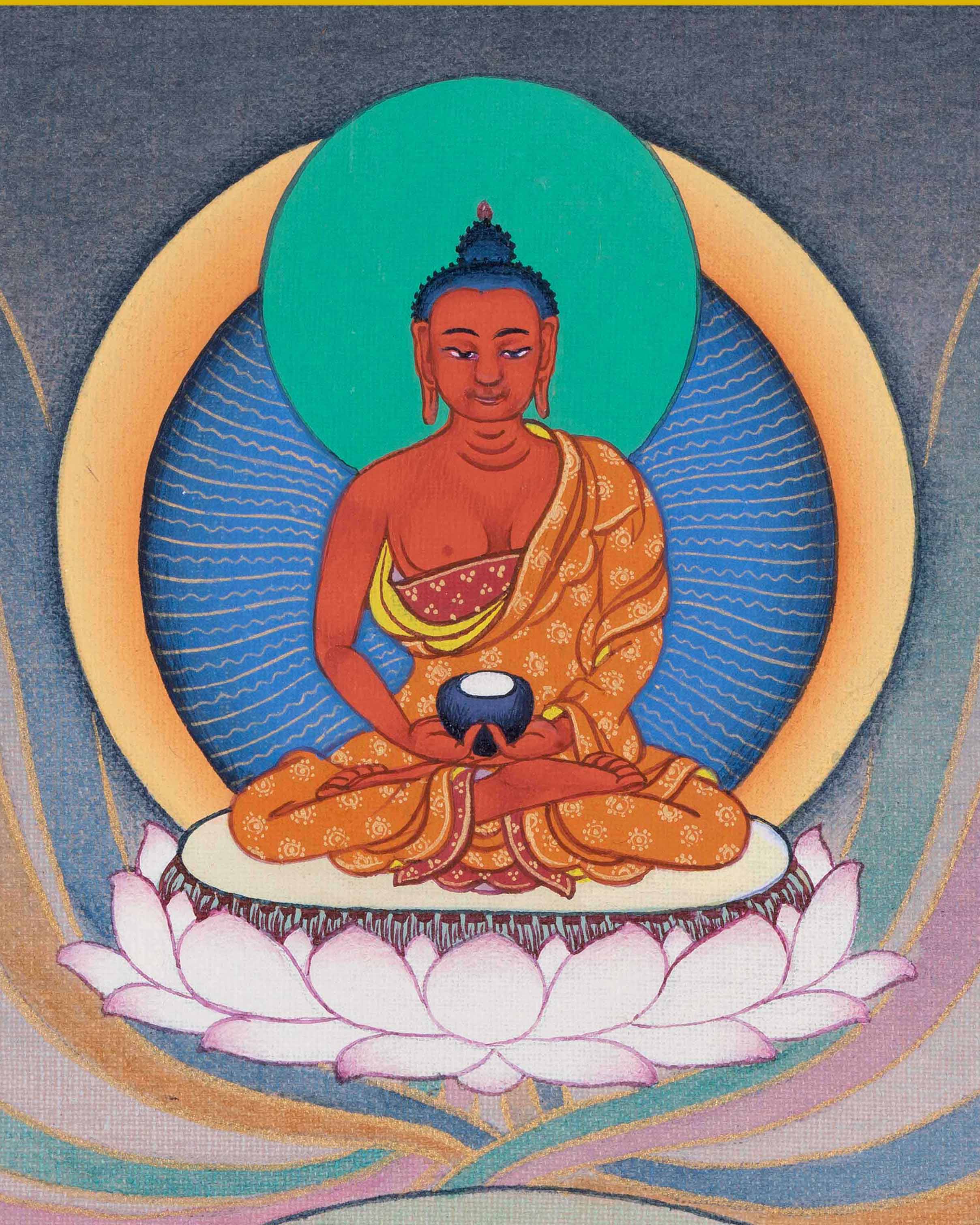 Close up of Amitabha Buddha in Green Tara Thangka print with divine light and compassion