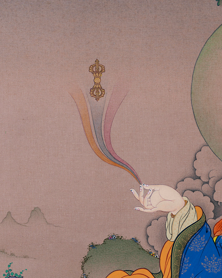 Close up of Guru Rinpoche's hovering vajra symbolizing spiritual mastery in thangka print