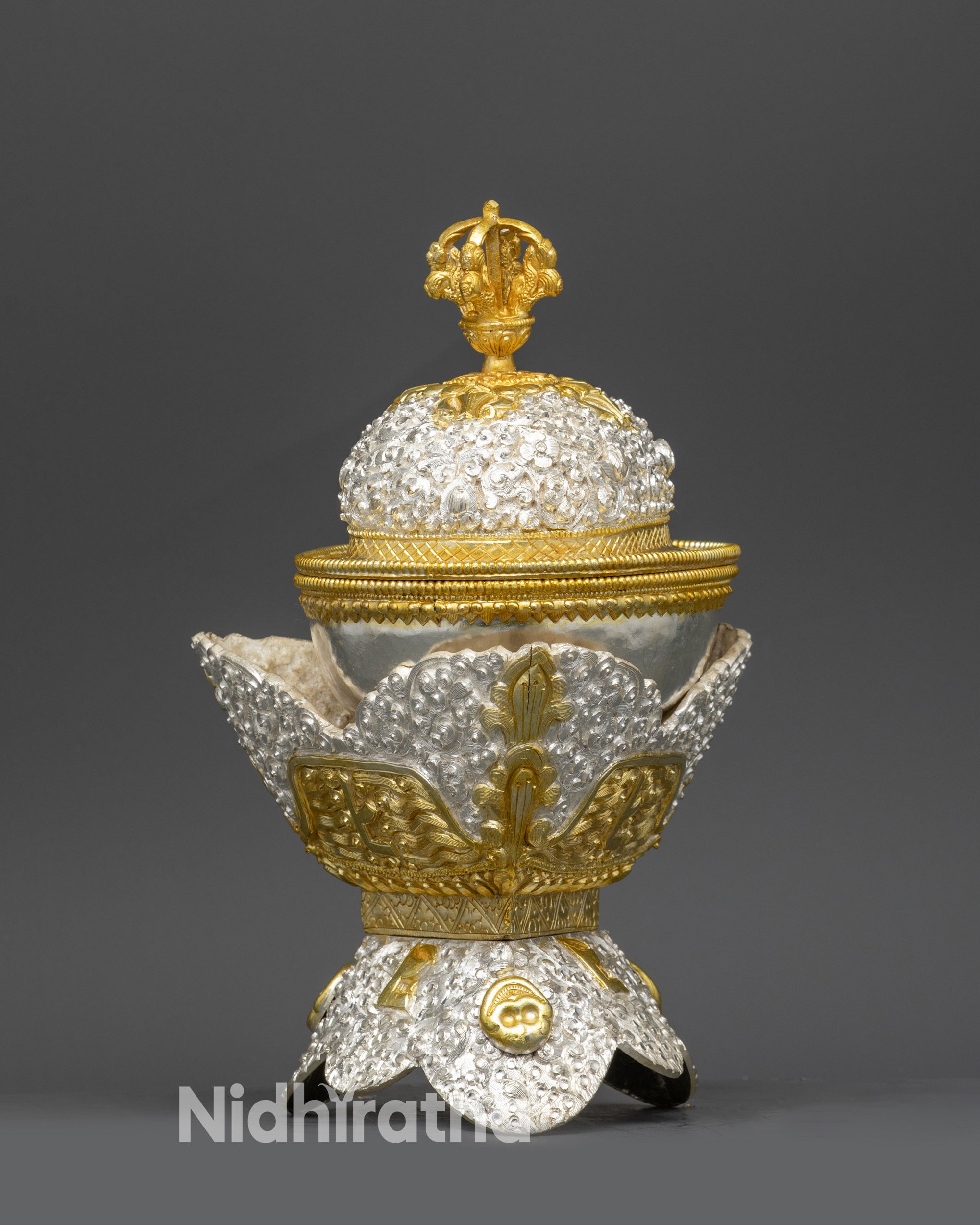 Close up of Kapala lid with half vajra top and intricate filigree carvings