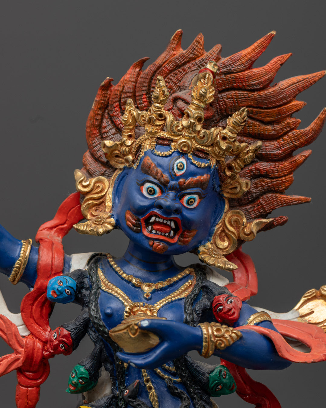 Close up of Troma Nagmo dakini sculpture showing fierce grace and detailed craftsmanship