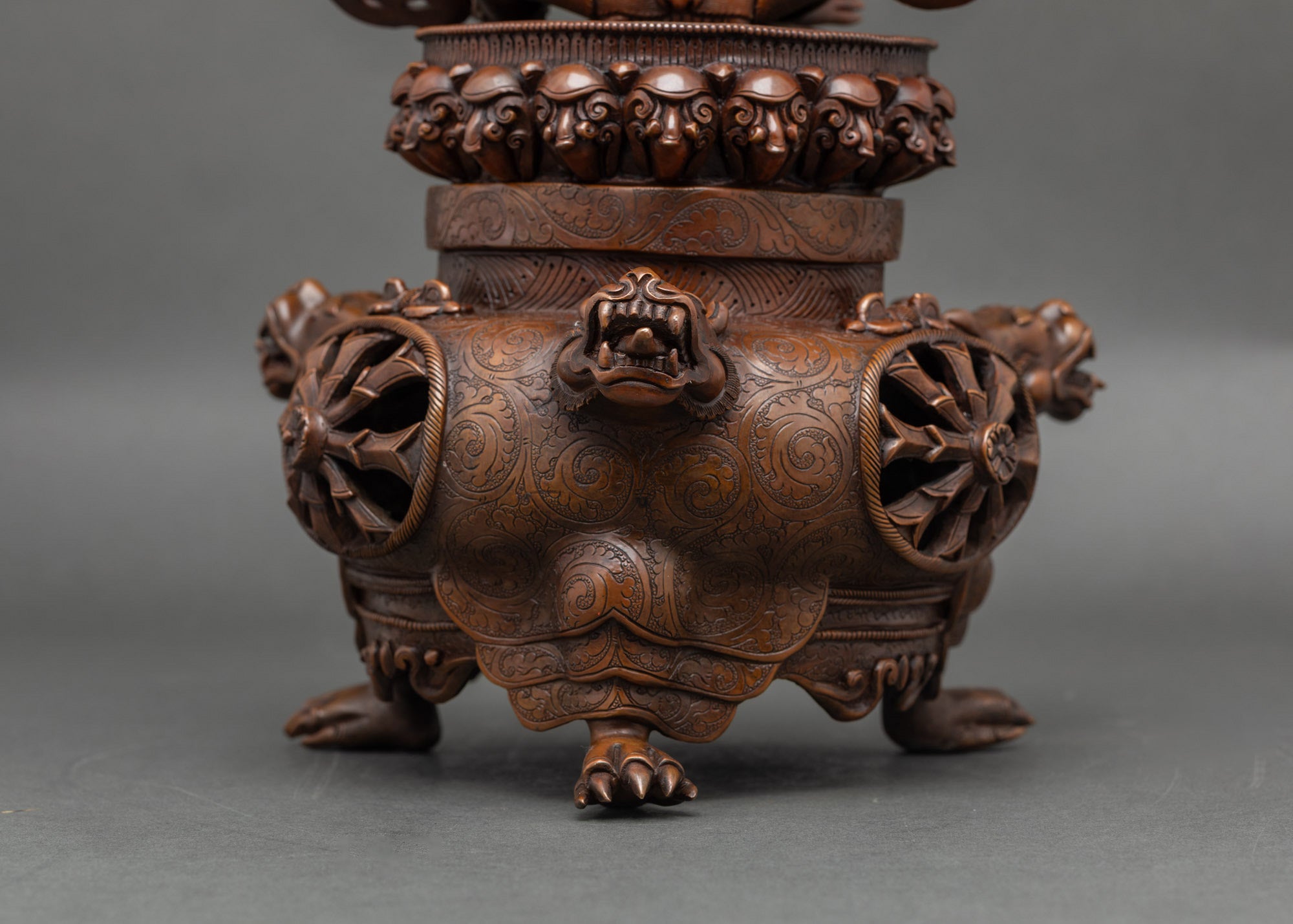 Close up of Vajradhaka’s lifted head and open mouth with fangs, showing wrathful power