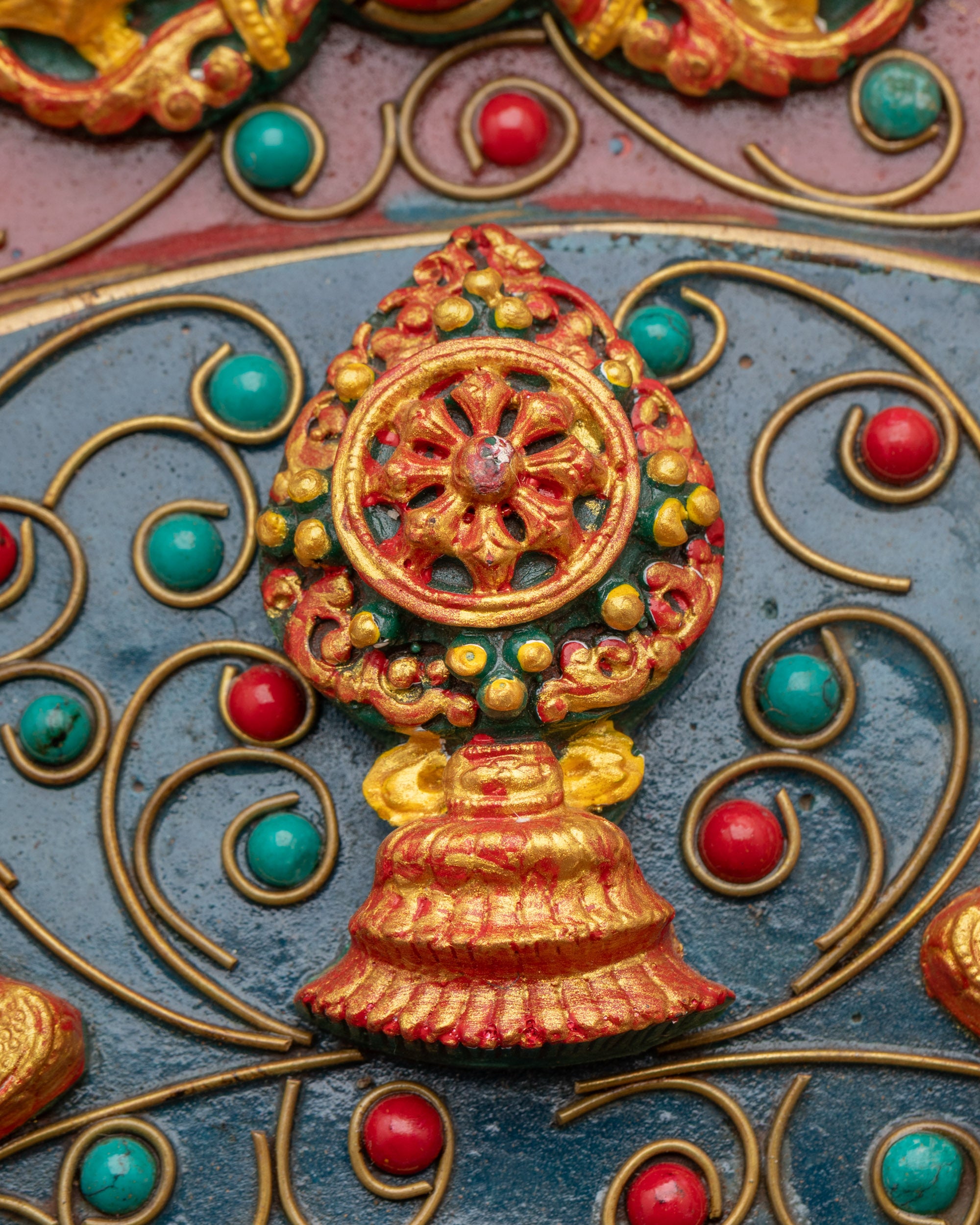 Close up of Wisdom Wheel symbol from the Circular Kalachakra Mandala Wall Hanging