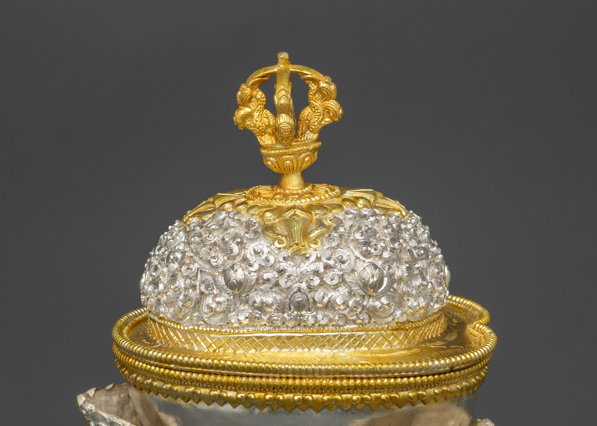 Close up of main Kapala showing silver plating and intricate half vajra lid