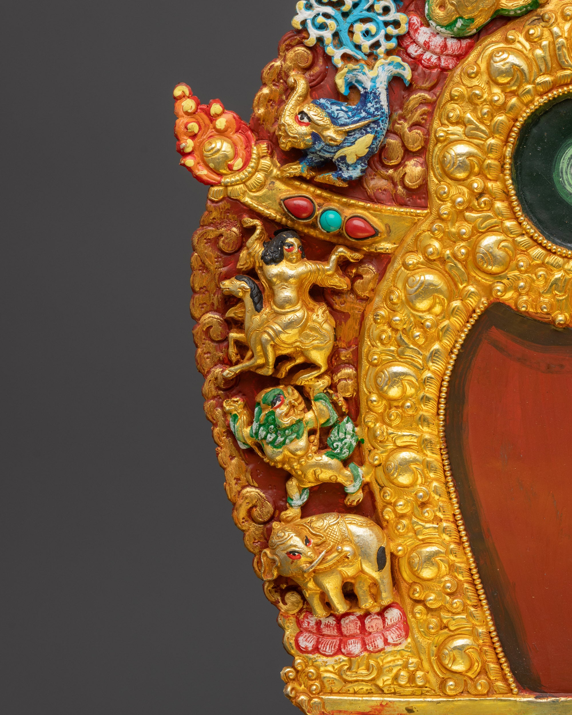 Close up throne intricate carvings auspicious symbols mythical creatures Nepal
